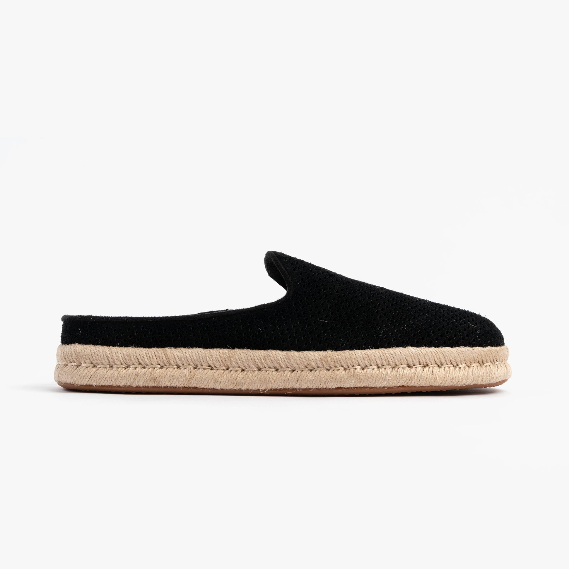 TOMS SANTIAGO MULE Mens Espadrille Black side view with suede upper and round toe design.