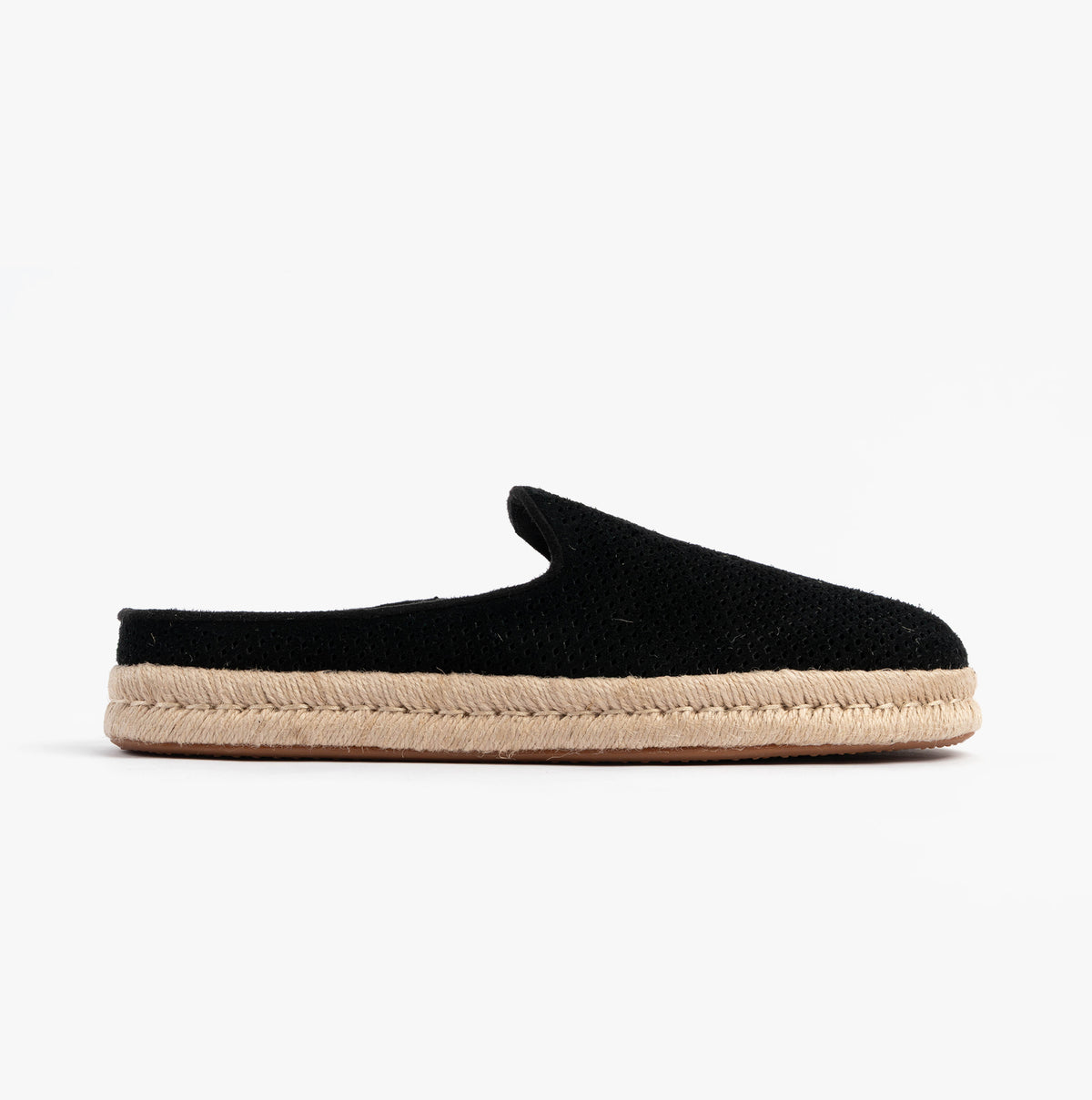 TOMS SANTIAGO MULE Mens Espadrille Black side view with suede upper and round toe design.