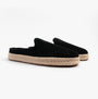 TOMS SANTIAGO MULE Mens Espadrille Black side view showcasing suede upper and rubber sole.