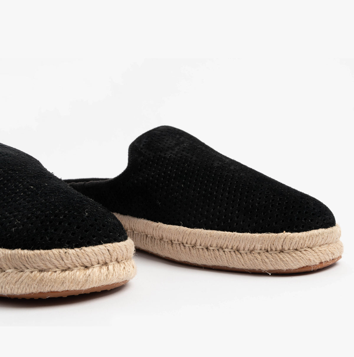 TOMS SANTIAGO MULE Mens Espadrille Black side view showcasing suede upper and relaxed fit.