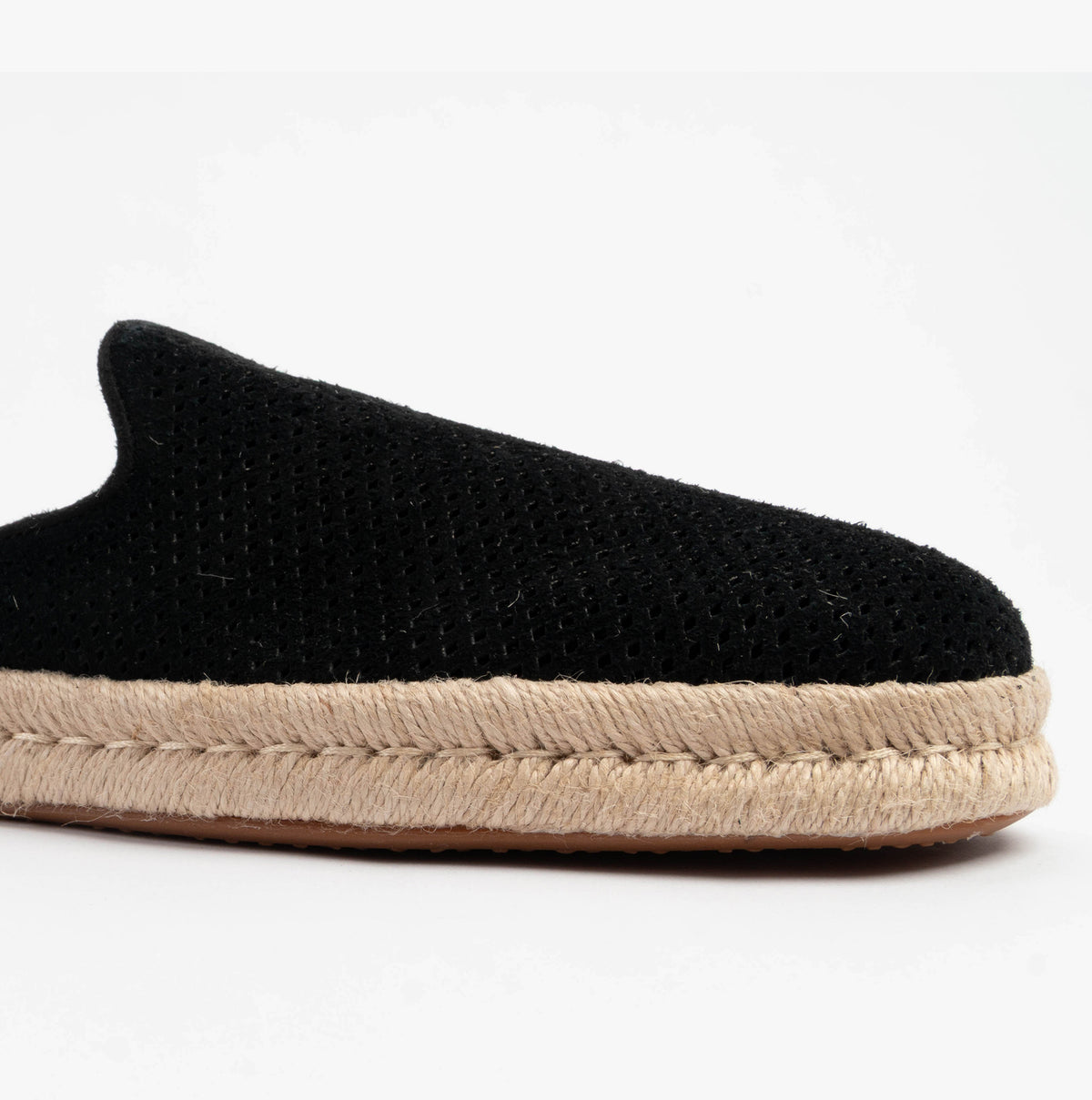TOMS SANTIAGO MULE Mens Espadrille Black side view showcasing soft suede and jute detail.