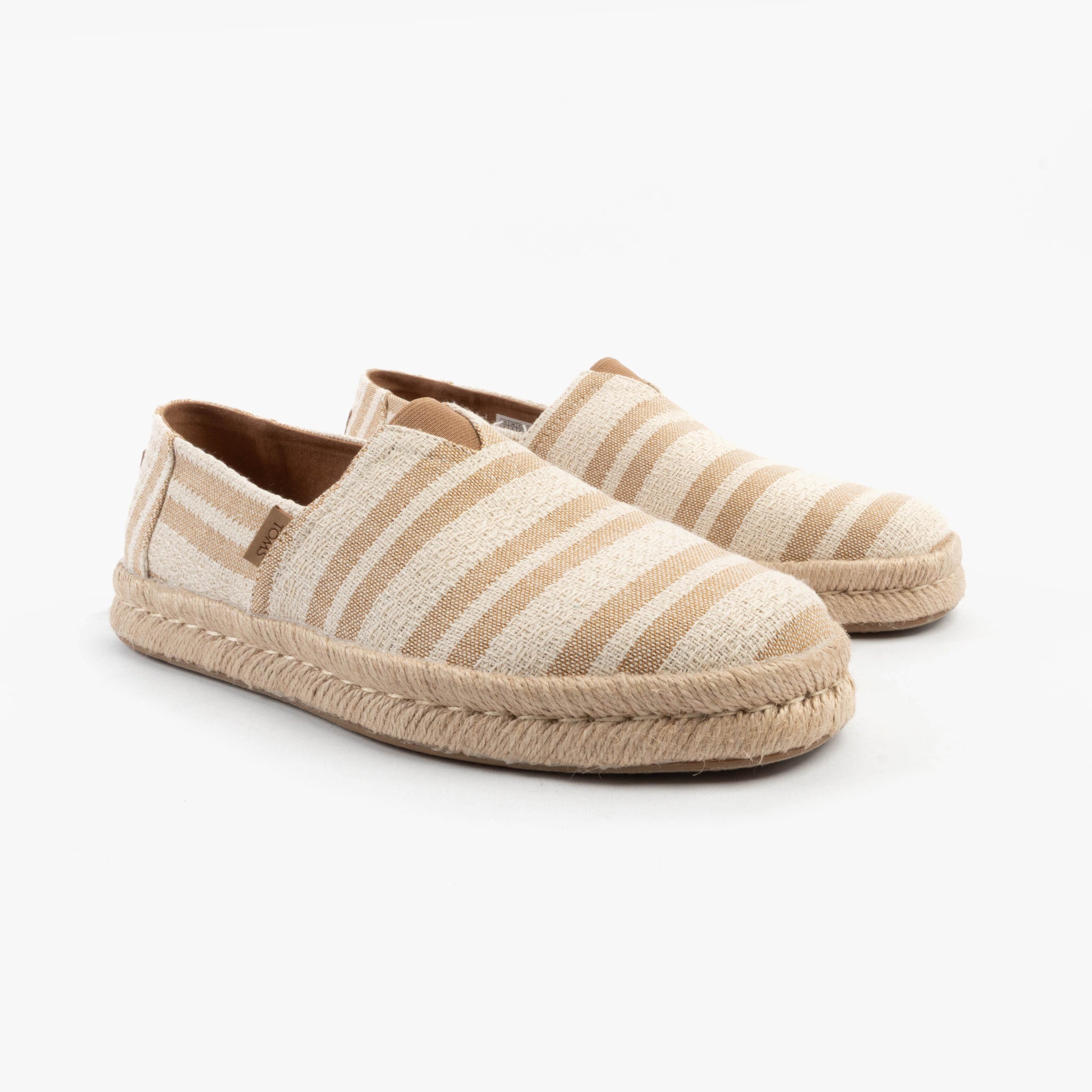 TOMS ALPARGATA ROPE 2.0 Mens Espadrille Tan side view, with beige and cream striped textile upper and braided jute sole.