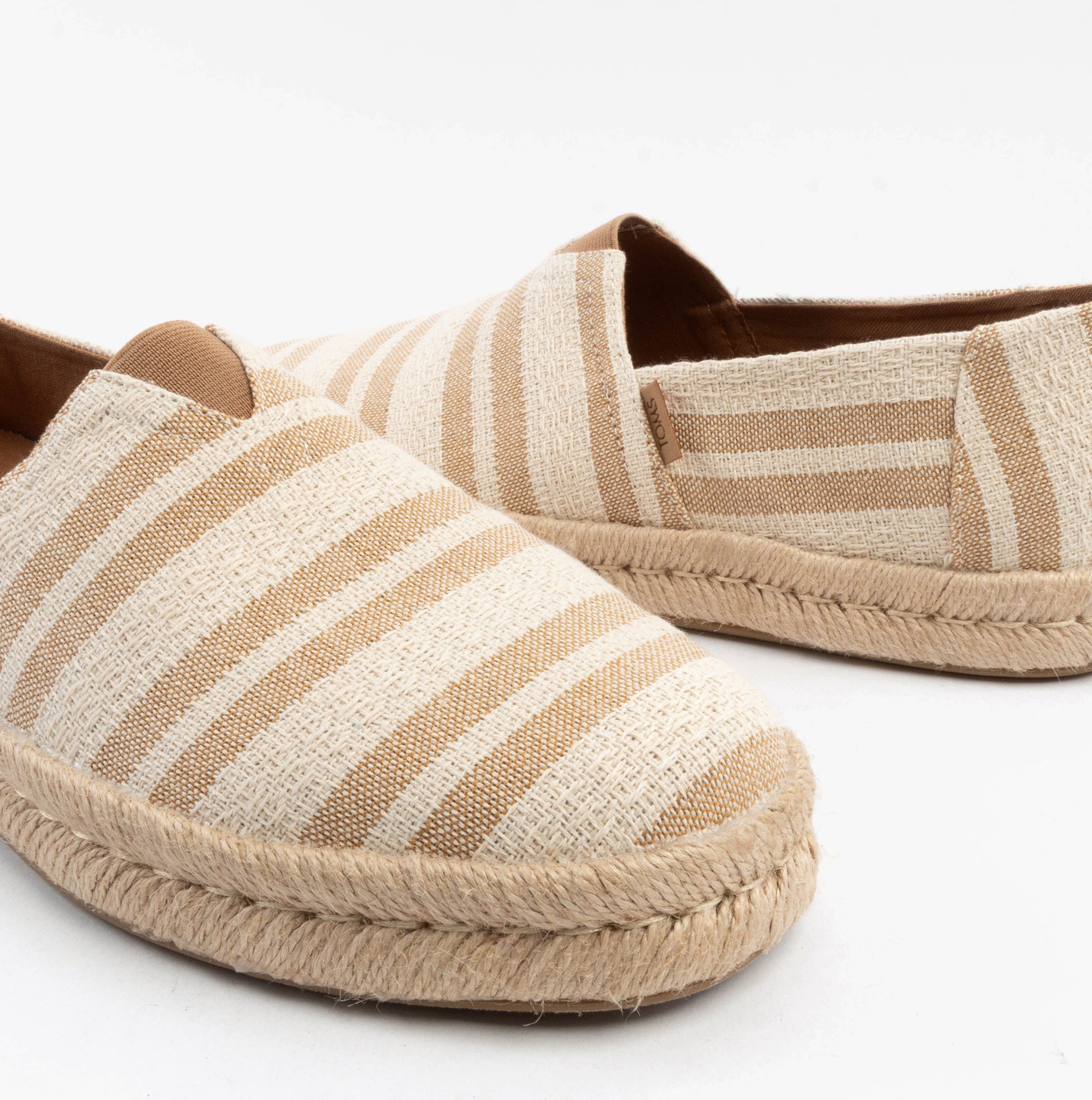 TOMS ALPARGATA ROPE 2.0 Mens Espadrille Tan side view showcasing striped textile upper and natural rope sole.