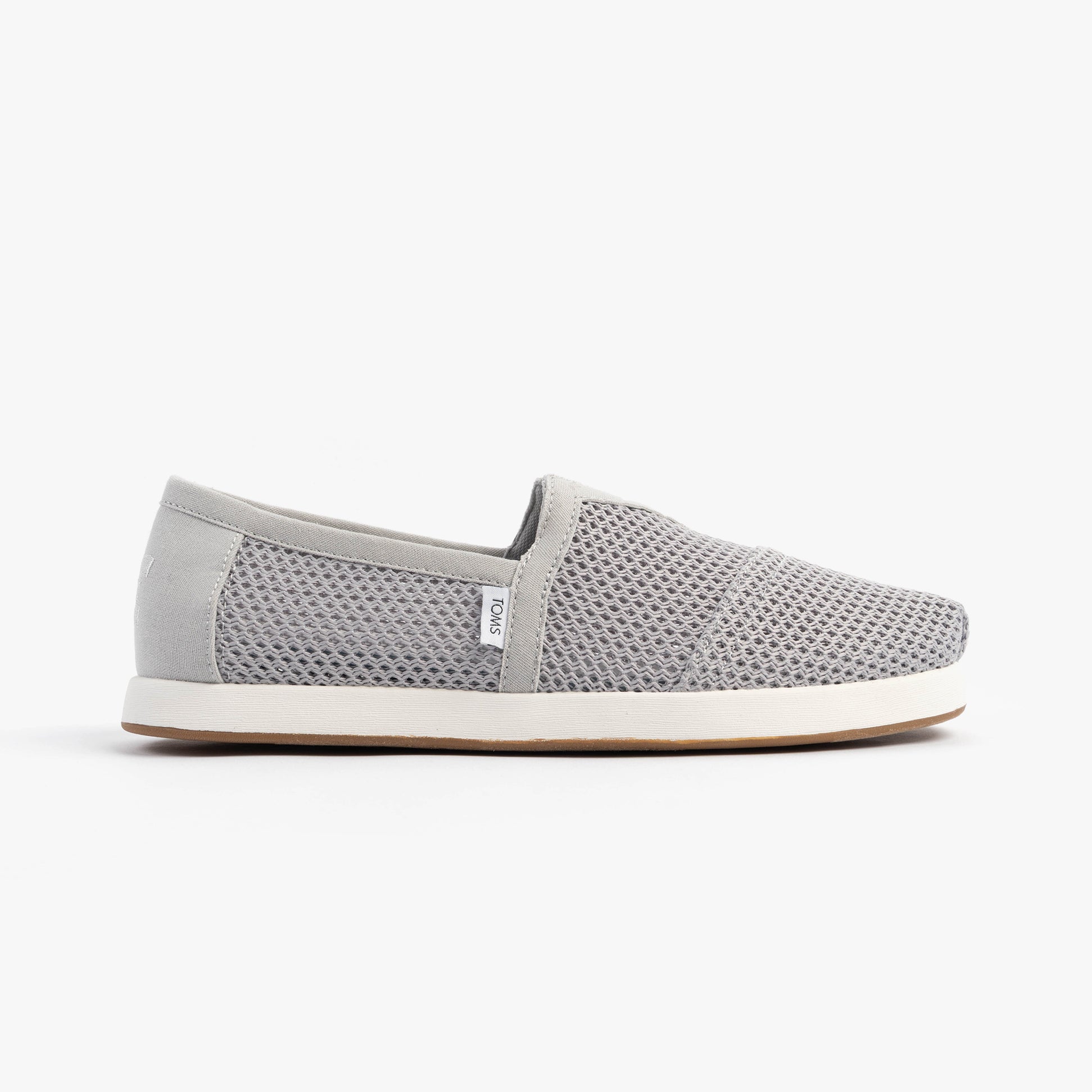 TOMS ALP FWD Mens Espadrille Grey side view showcasing breathable textile upper and slip-on design.