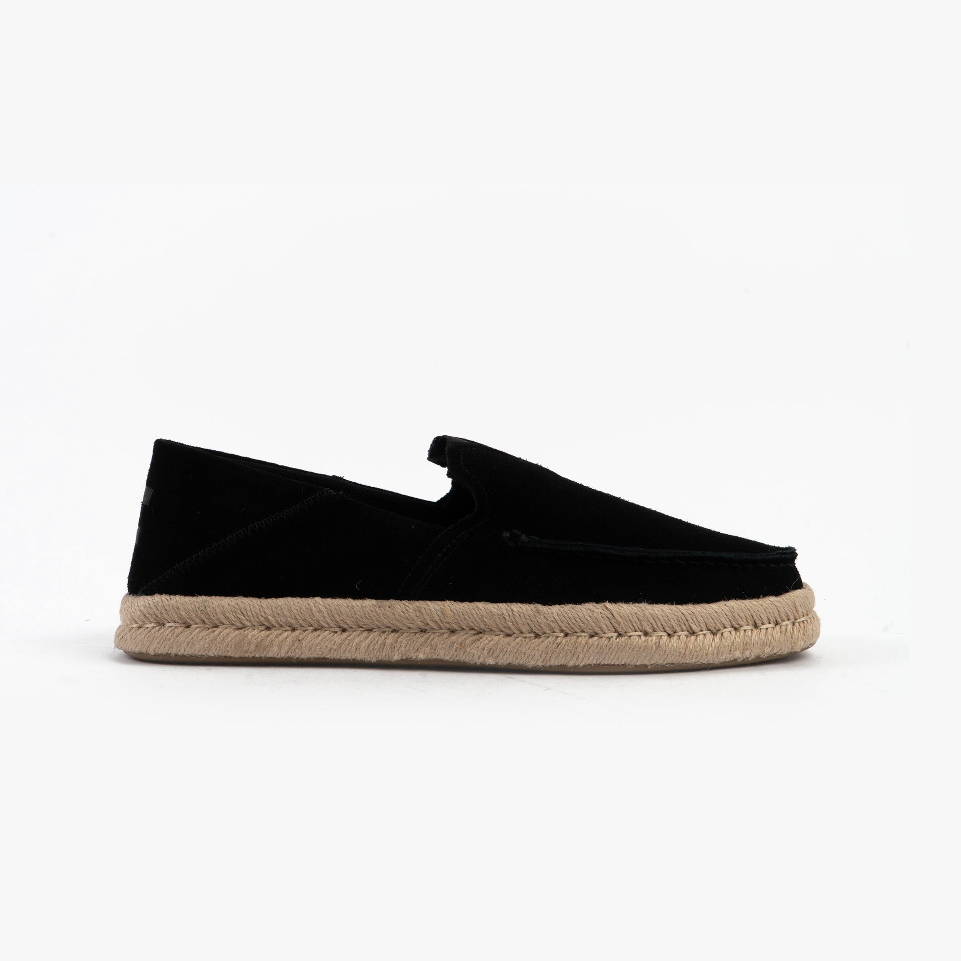 TOMS ALONSO LOAFER ROPE Mens Espadrille Black side view of suede slip-on shoe with rope sole.