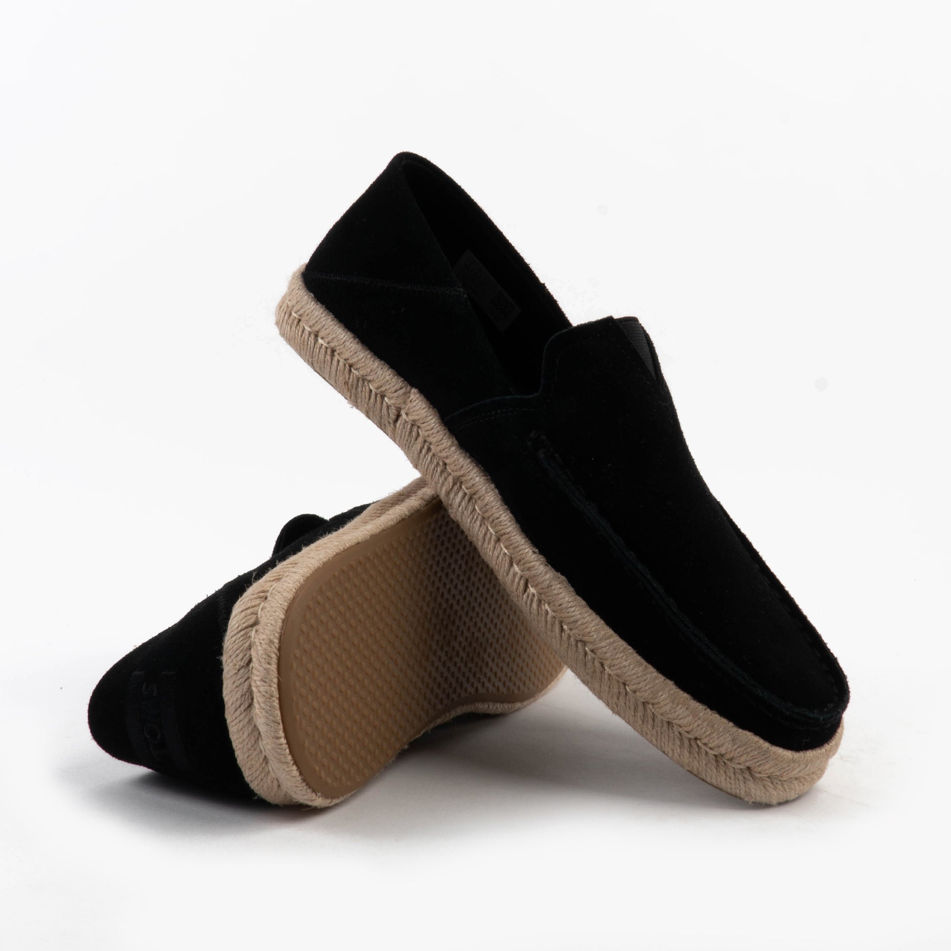 TOMS ALONSO LOAFER ROPE Mens Espadrille Black side view showing suede upper and rope sole
