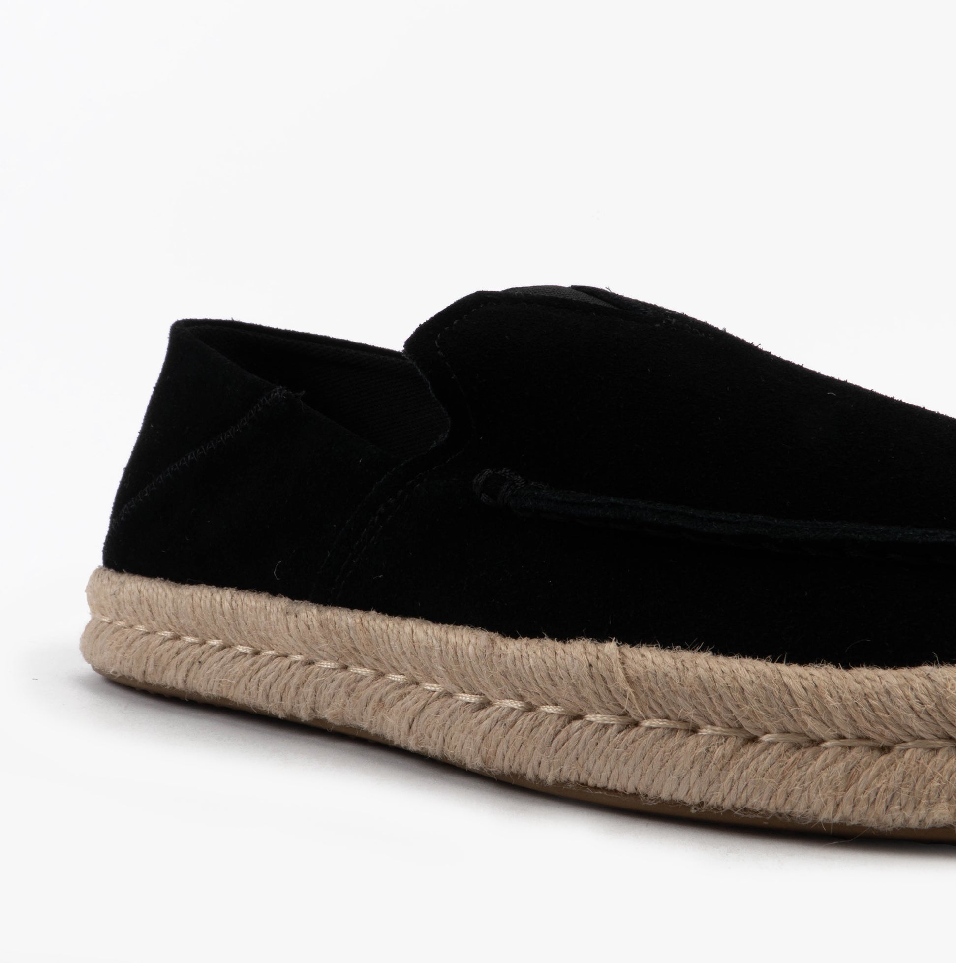 TOMS ALONSO LOAFER ROPE Mens Espadrille Black side view showing suede upper and rope sole detail.