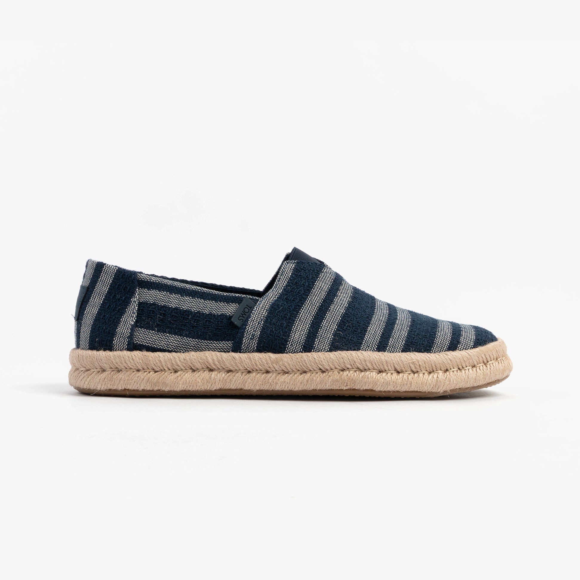 TOMS ALPARGATA ROPE 2.0 Mens Espadrille Navy side view features striped textile upper and slip-on design.