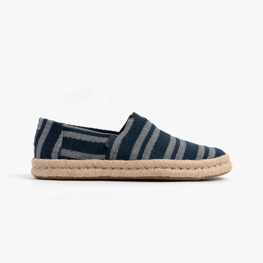 TOMS ALPARGATA ROPE 2.0 Mens Espadrille Navy side view features striped textile upper and slip-on design.
