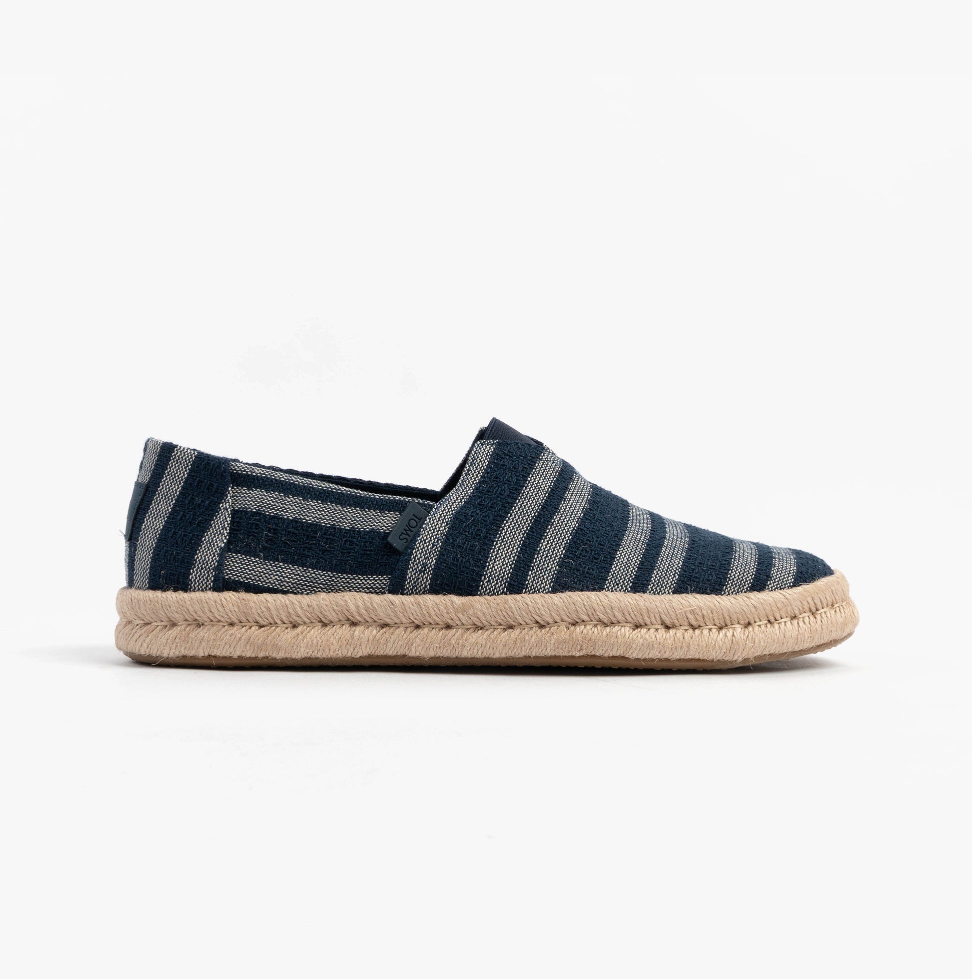 TOMS ALPARGATA ROPE 2.0 Mens Espadrille Navy side view features striped textile upper and slip-on design.