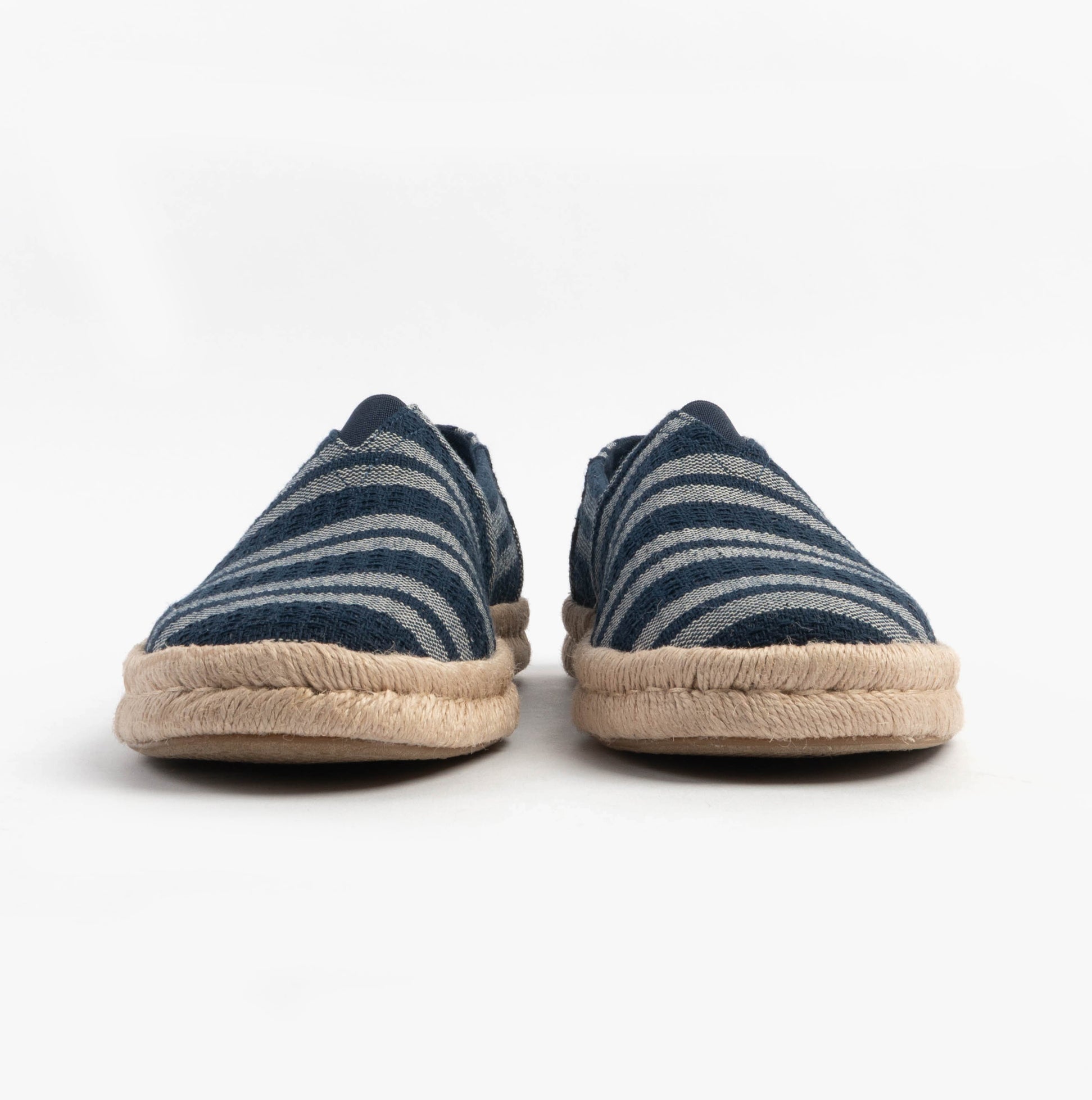 TOMS ALPARGATA ROPE 2.0 Mens Espadrille Navy front view featuring striped textile upper and comfortable slip-on design.