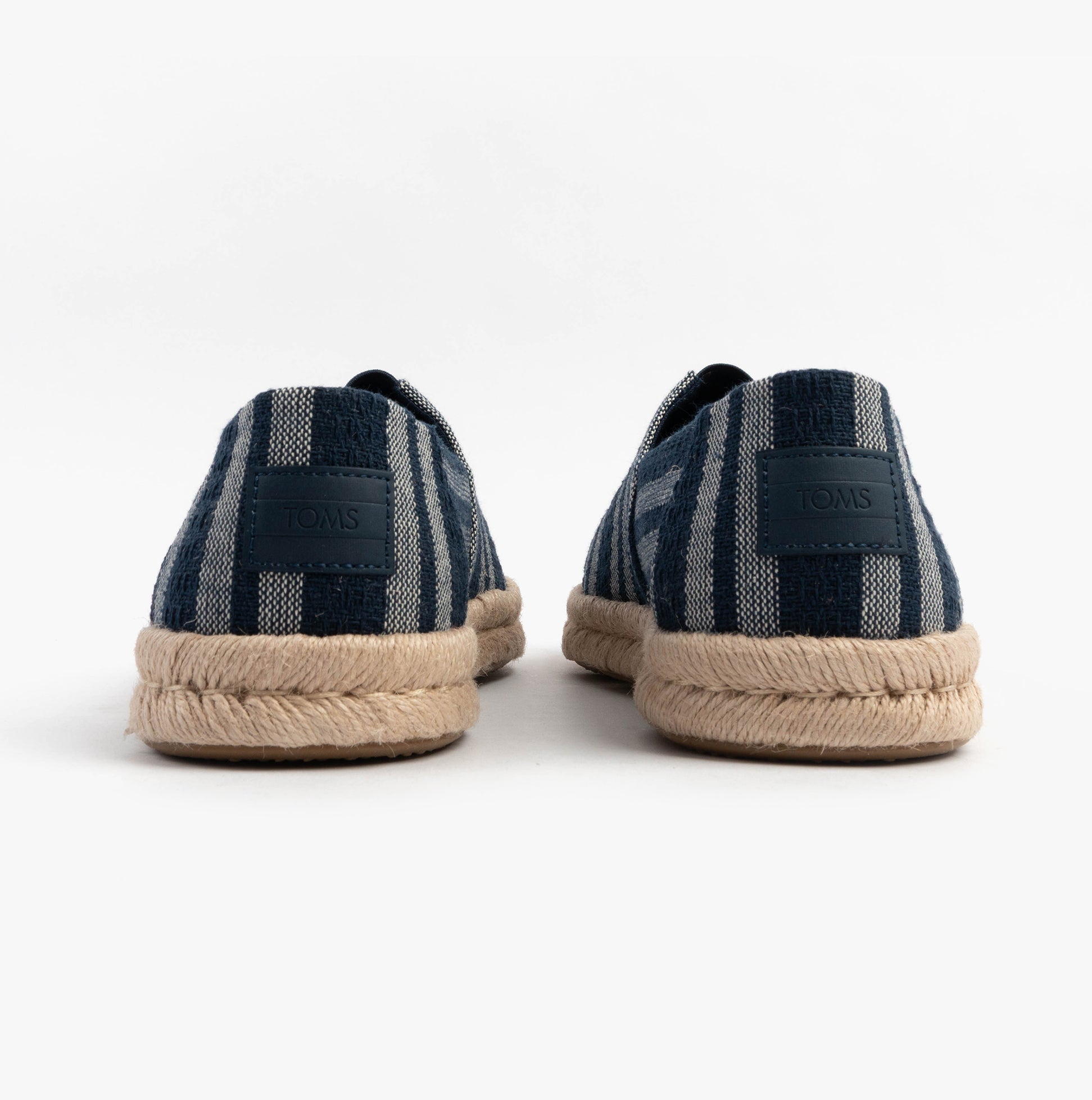 TOMS ALPARGATA ROPE 2.0 Mens Espadrille Navy rear view showing striped design and natural rope sole.