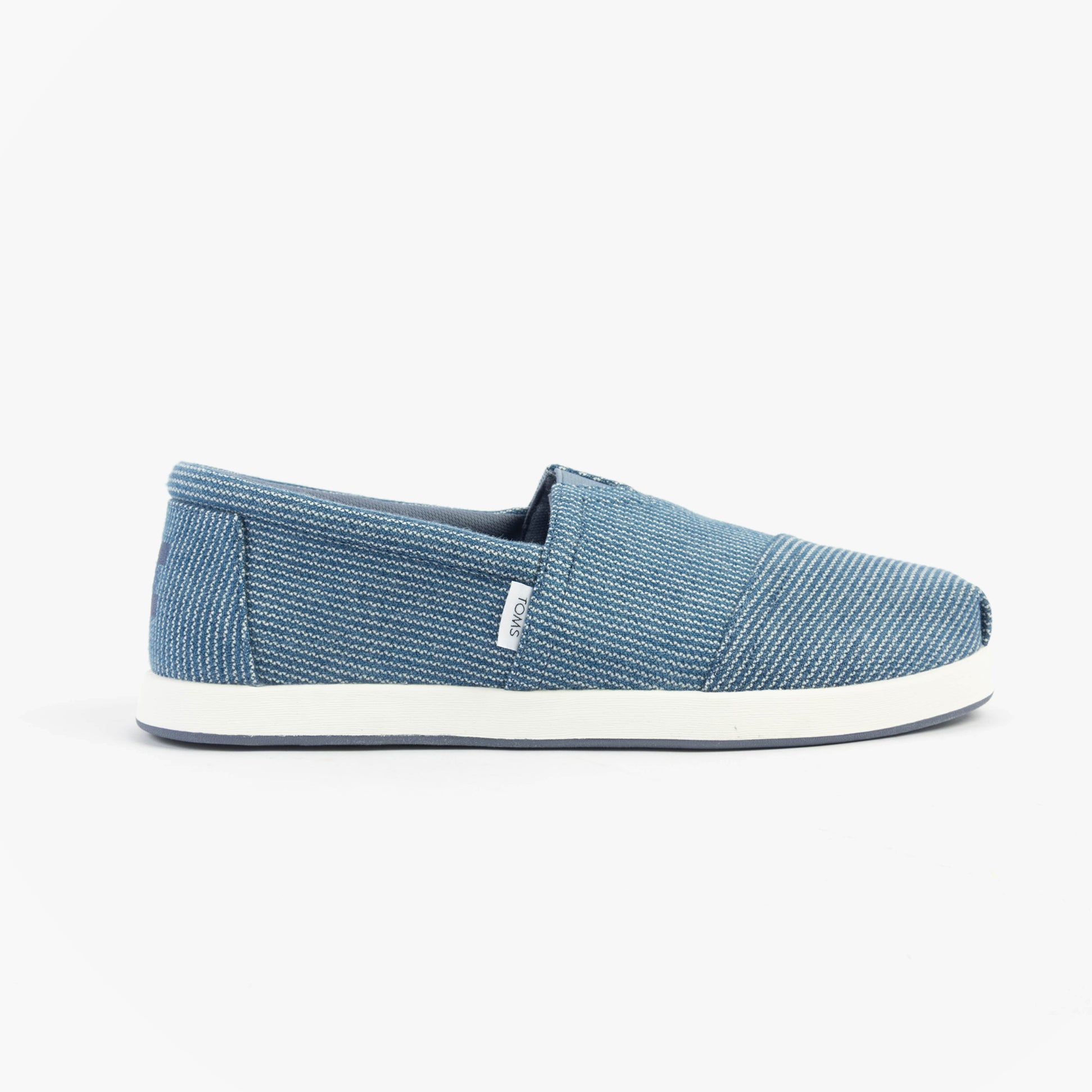 TOMS ALP FWD Mens Espadrille Blue side view featuring textile upper, slip-on design, and relaxed fit.