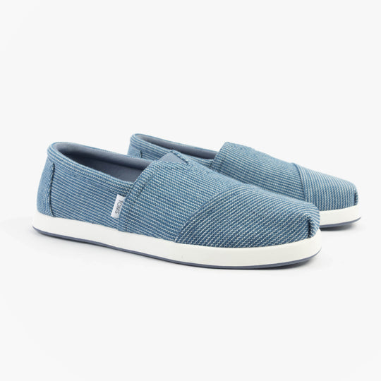 TOMS ALP FWD Mens Espadrille Blue side view showing textile upper and slip-on design with a relaxed fit.