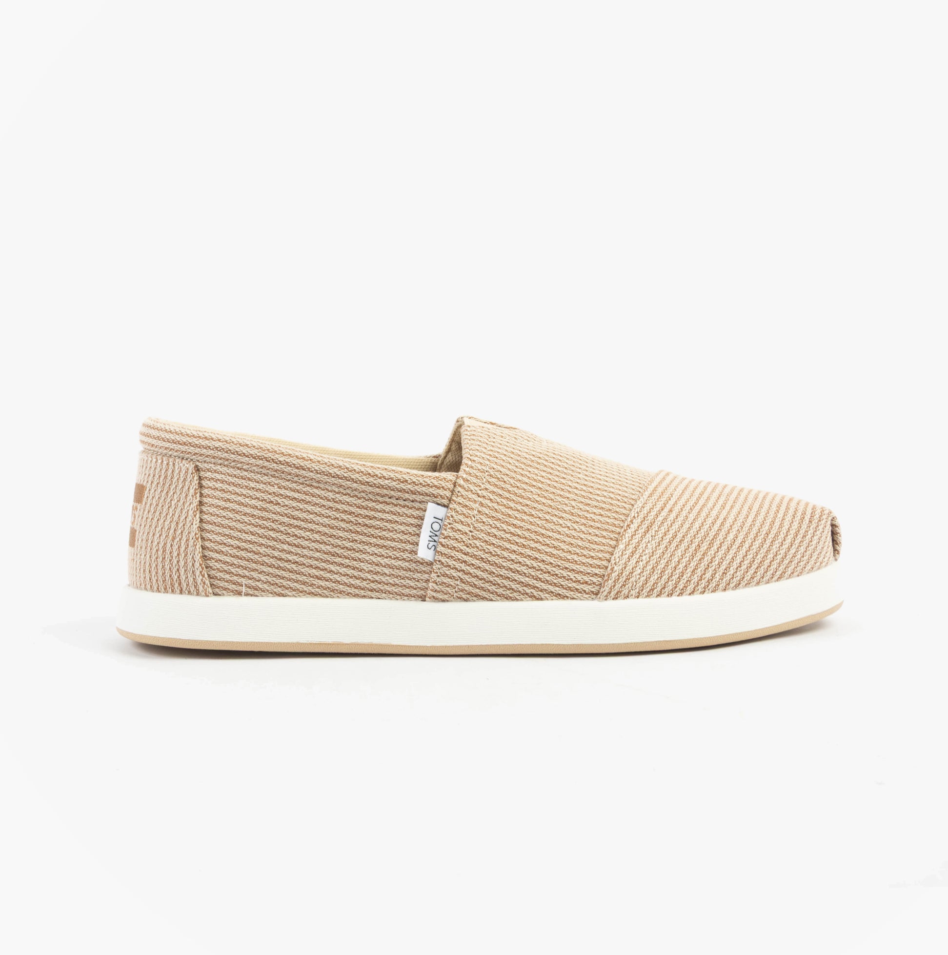 TOMS ALP FWD Mens Espadrille Beige side view showcasing textile upper and rubber sole for relaxed fit.