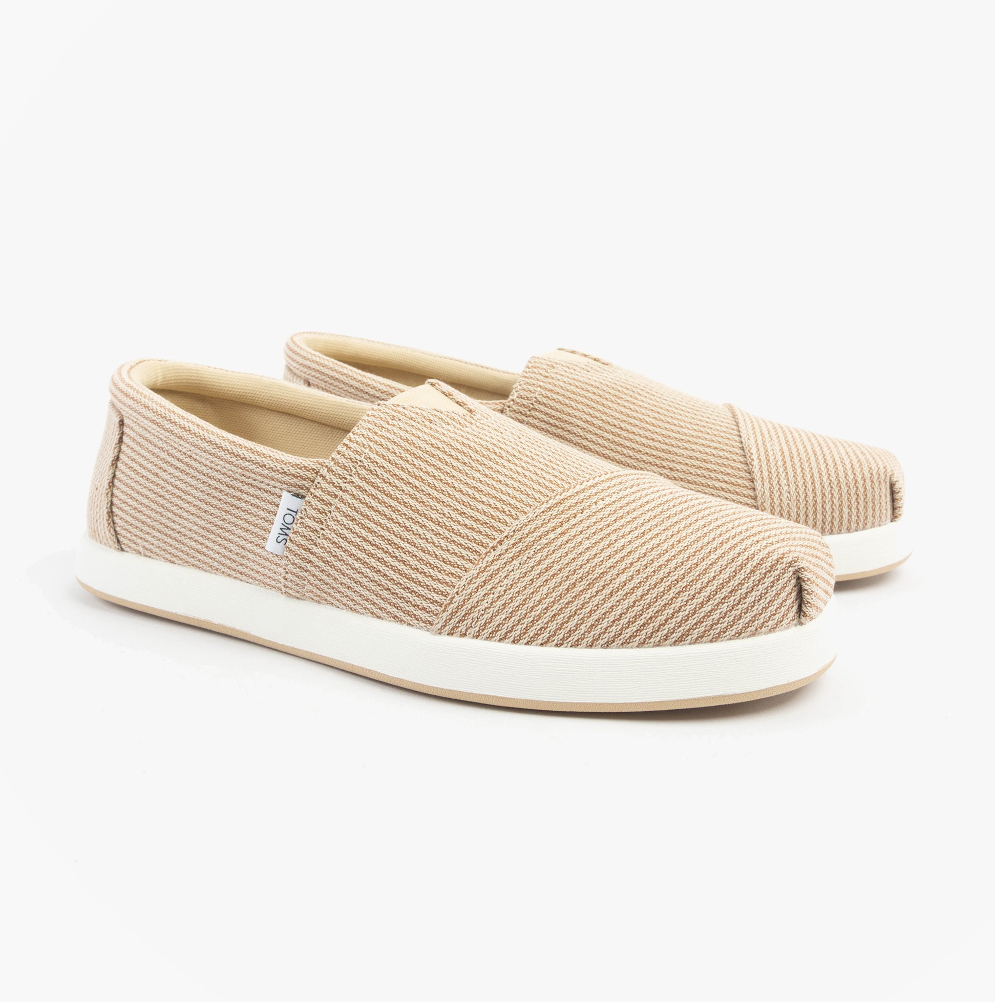 TOMS ALP FWD Mens Espadrille Beige side view, lightweight textile slip-on shoes with round toe.