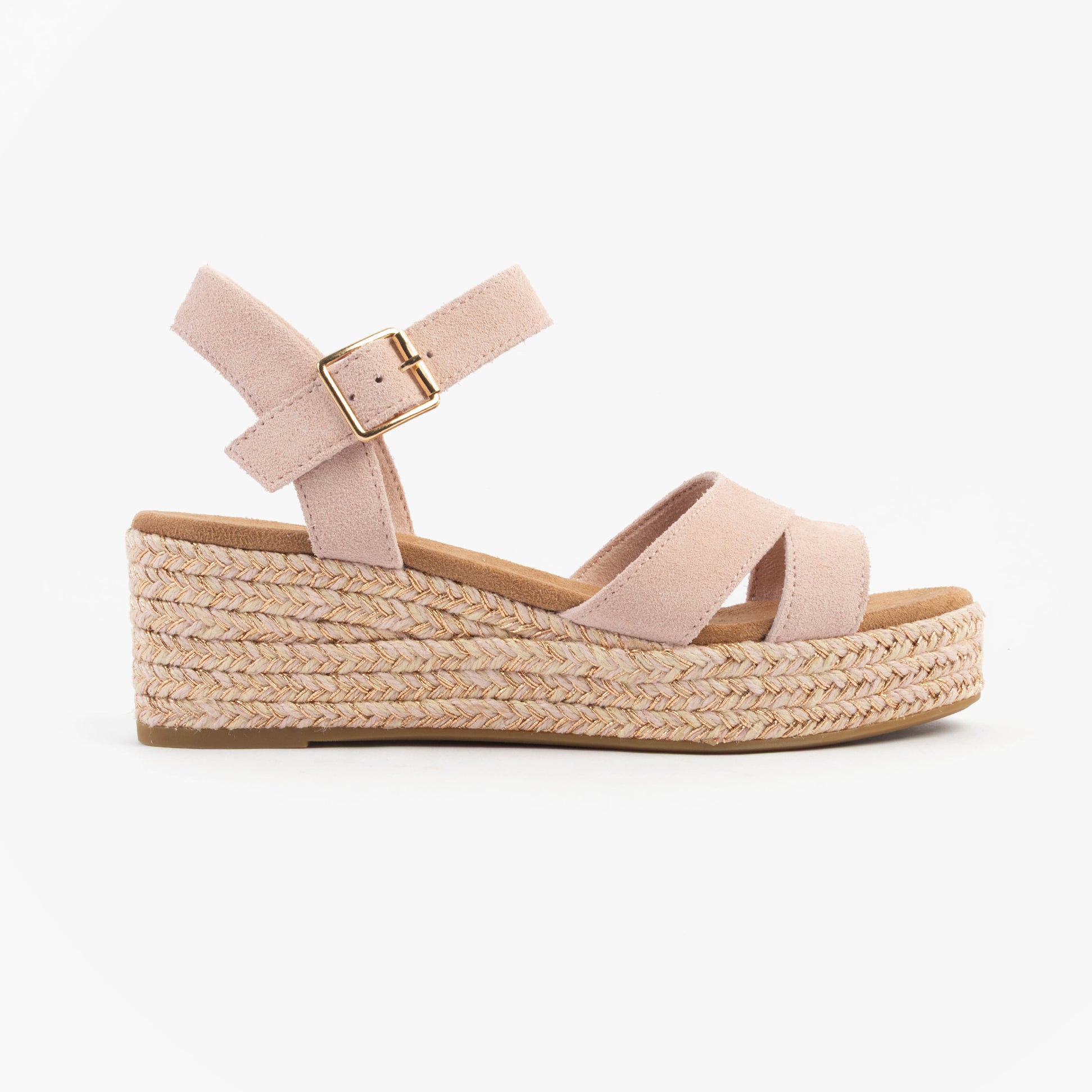 TOMS AUDREY Womens Sandals Pink side view featuring suede upper, buckle closure, and medium block heel.