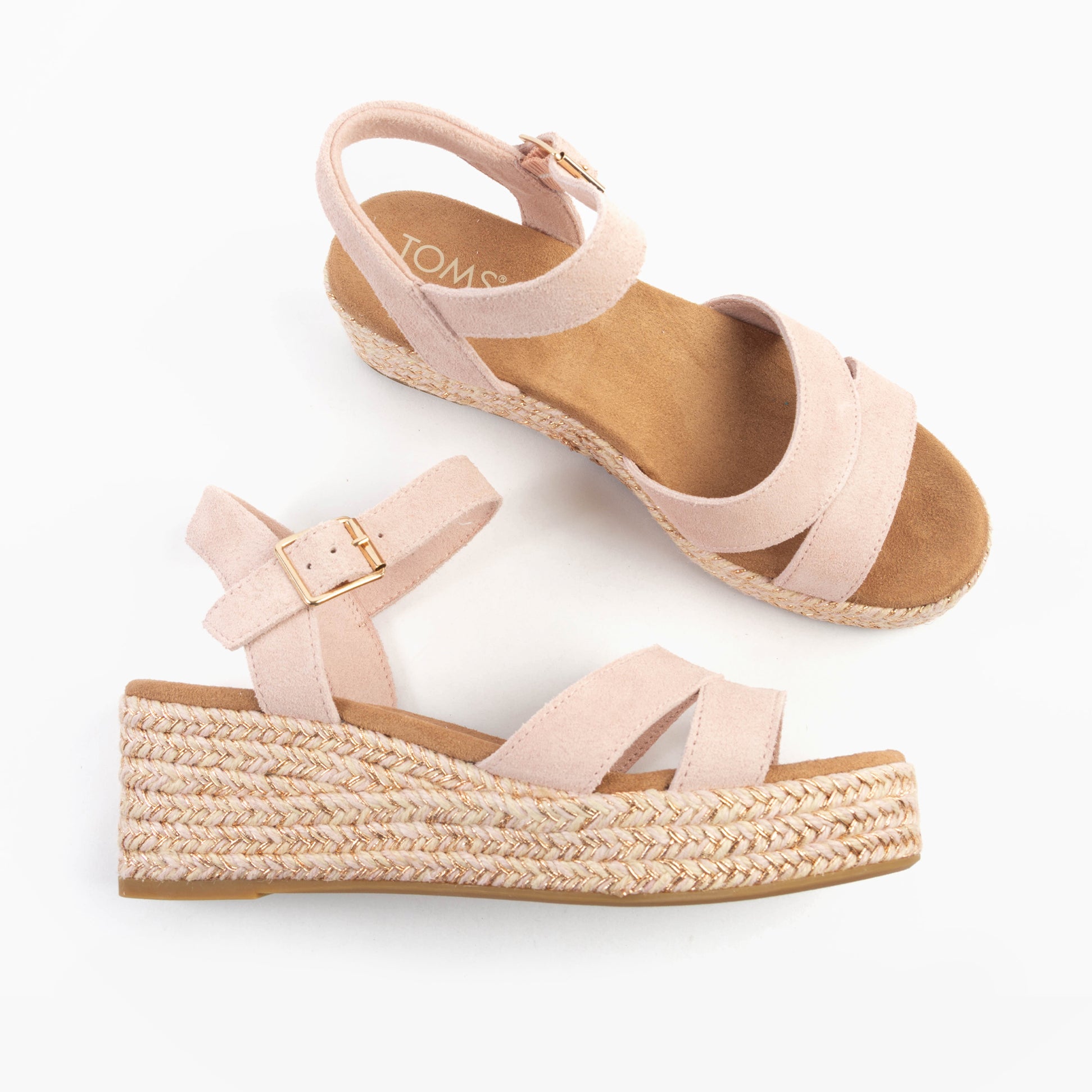 TOMS AUDREY Womens Sandals Pink top view showcasing suede material and wedge sole design.