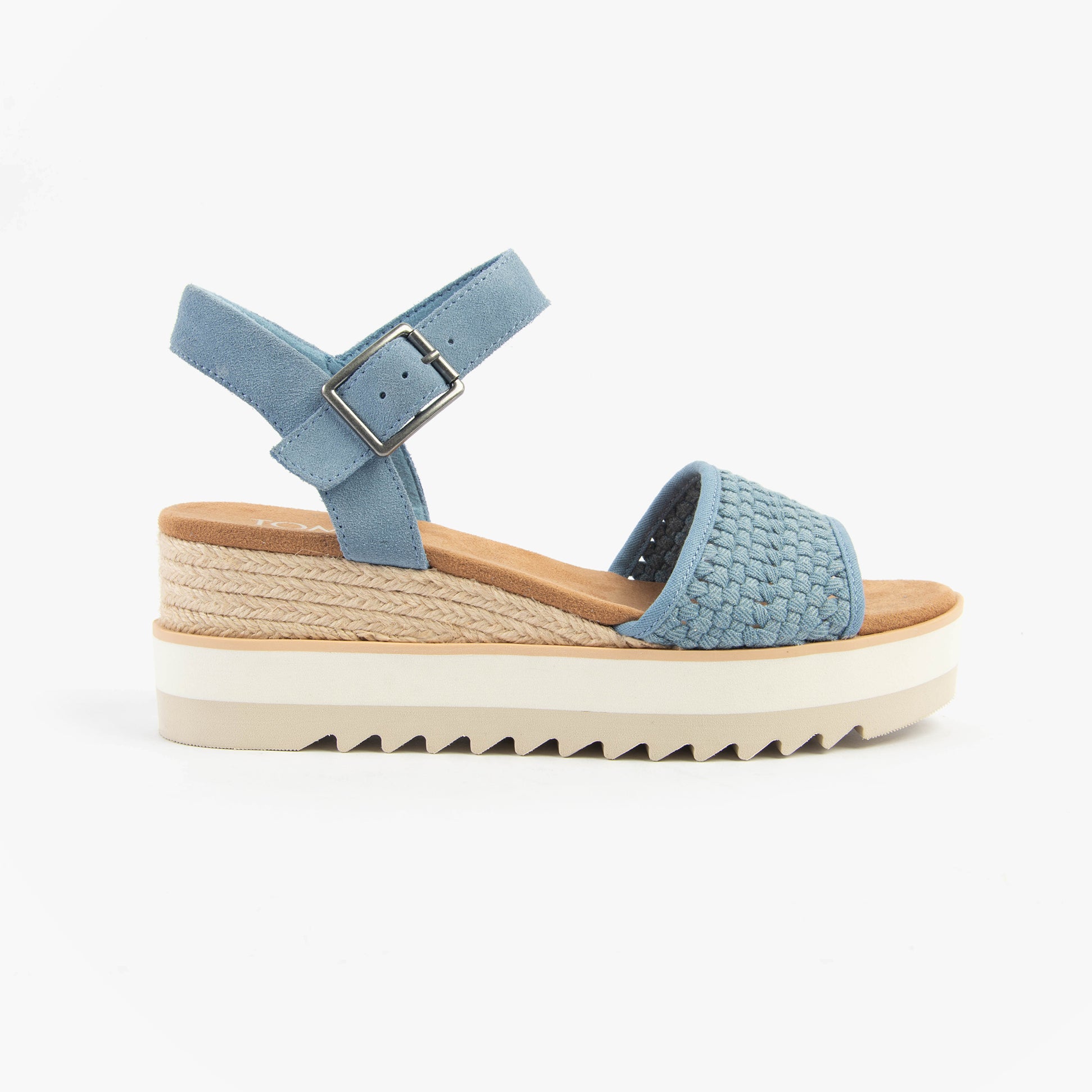 TOMS DIANA Womens Sandals Blue side view featuring textile upper and wedge heel design.