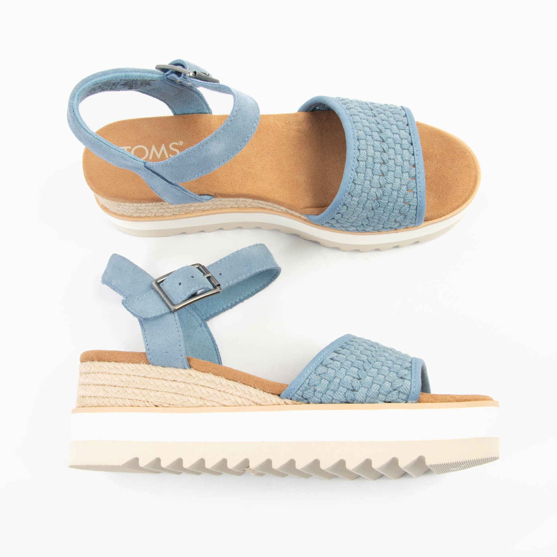 TOMS DIANA Womens Sandals Blue detail view showing textured upper and wedge sole.