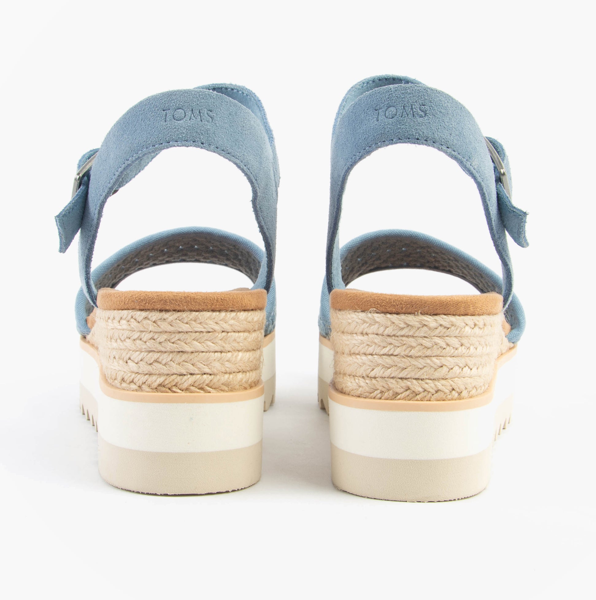 TOMS DIANA Womens Sandals Blue back view showcasing buckle and wedge heel design.