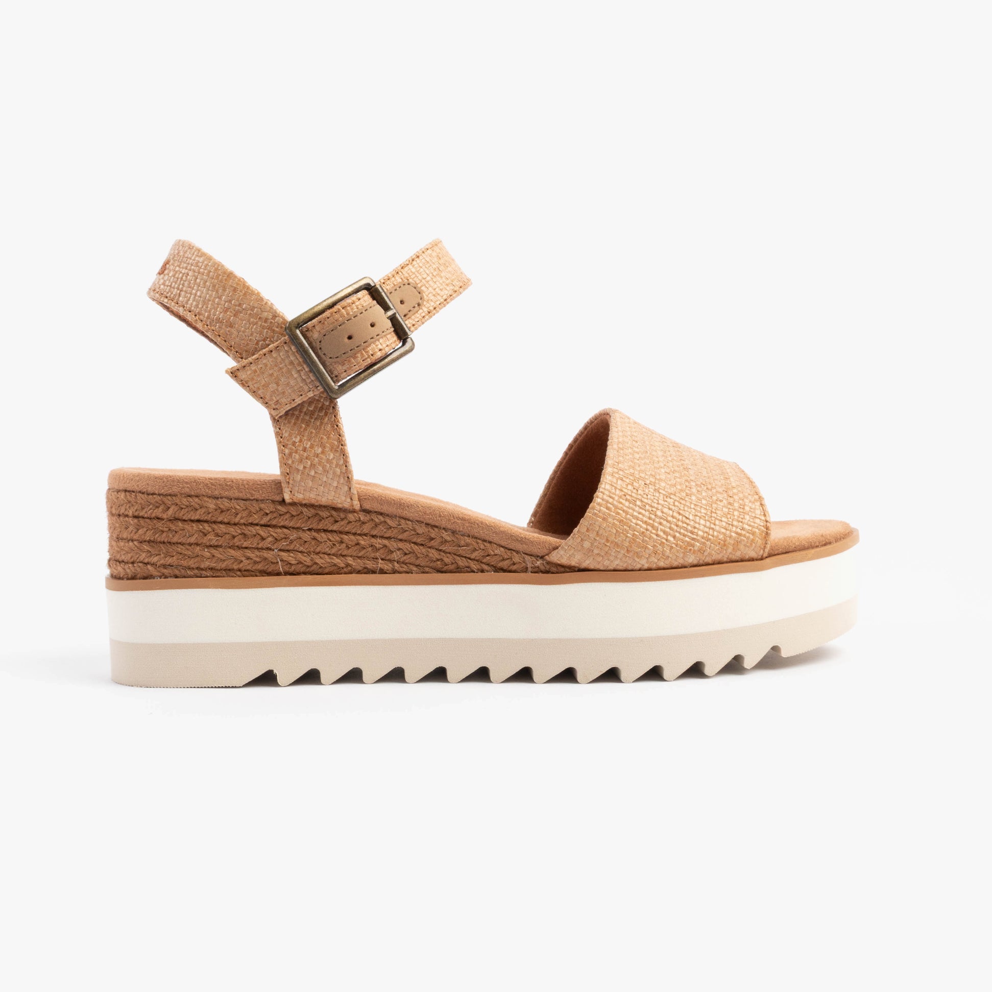 TOMS DIANA Womens Sandals Brown side view showcasing the textile upper, wedge heel, and buckle fastening.