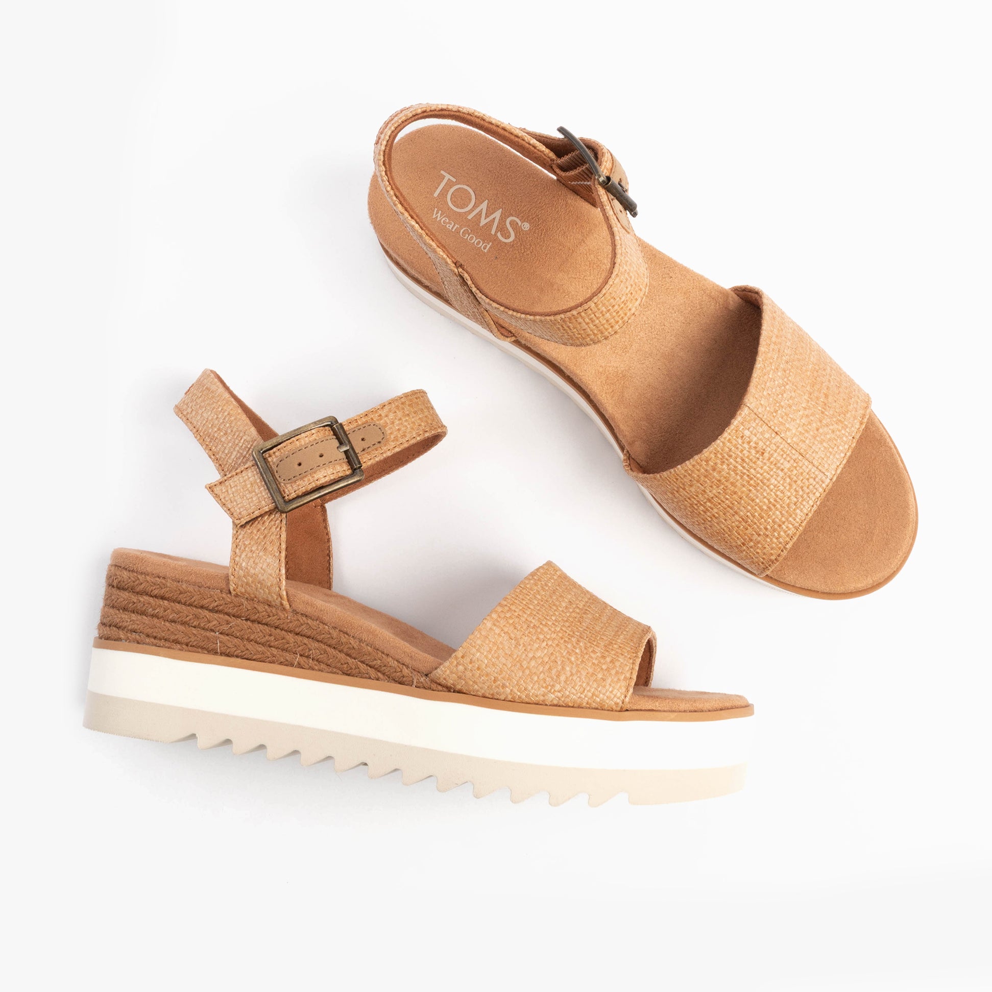 TOMS DIANA Womens Sandals Brown top view showcasing textile upper, wedge heel and buckle closure.