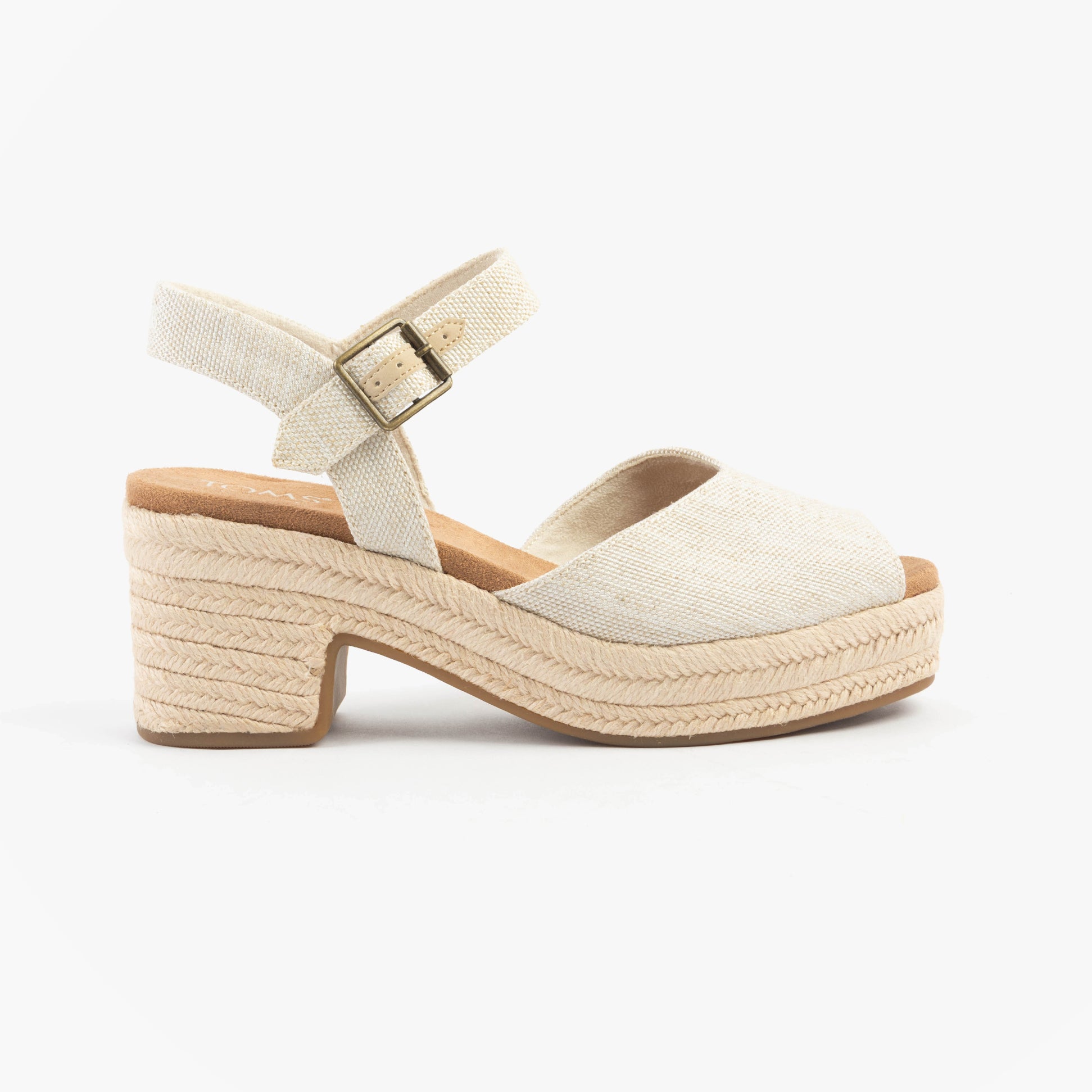 TOMS ISLA PEEP TOE Womens Sandals Natural side view showcasing the block heel and buckle fastening.