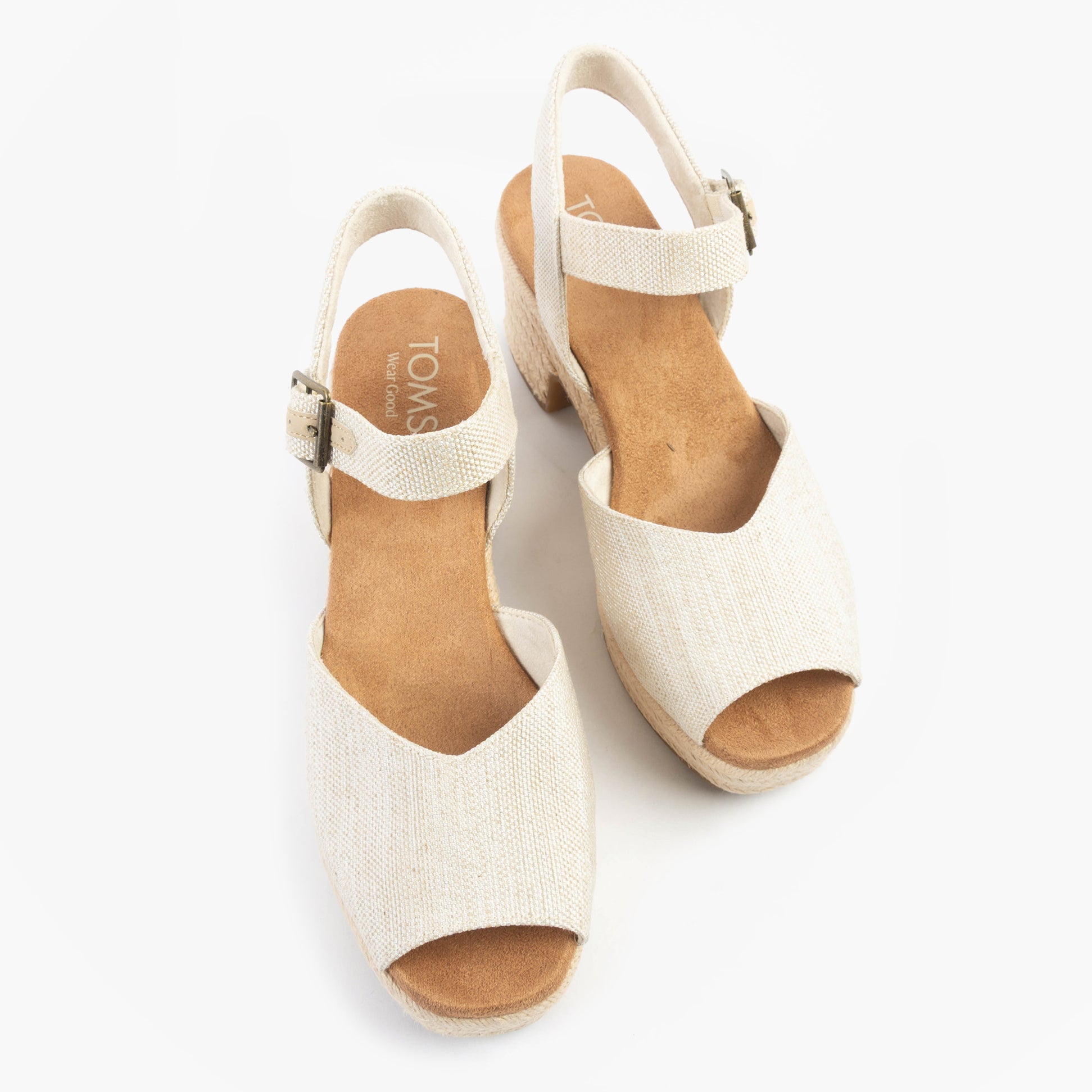 TOMS ISLA PEEP TOE Womens Sandals Natural top view showcasing the textile upper, buckle closure, and block heel design.