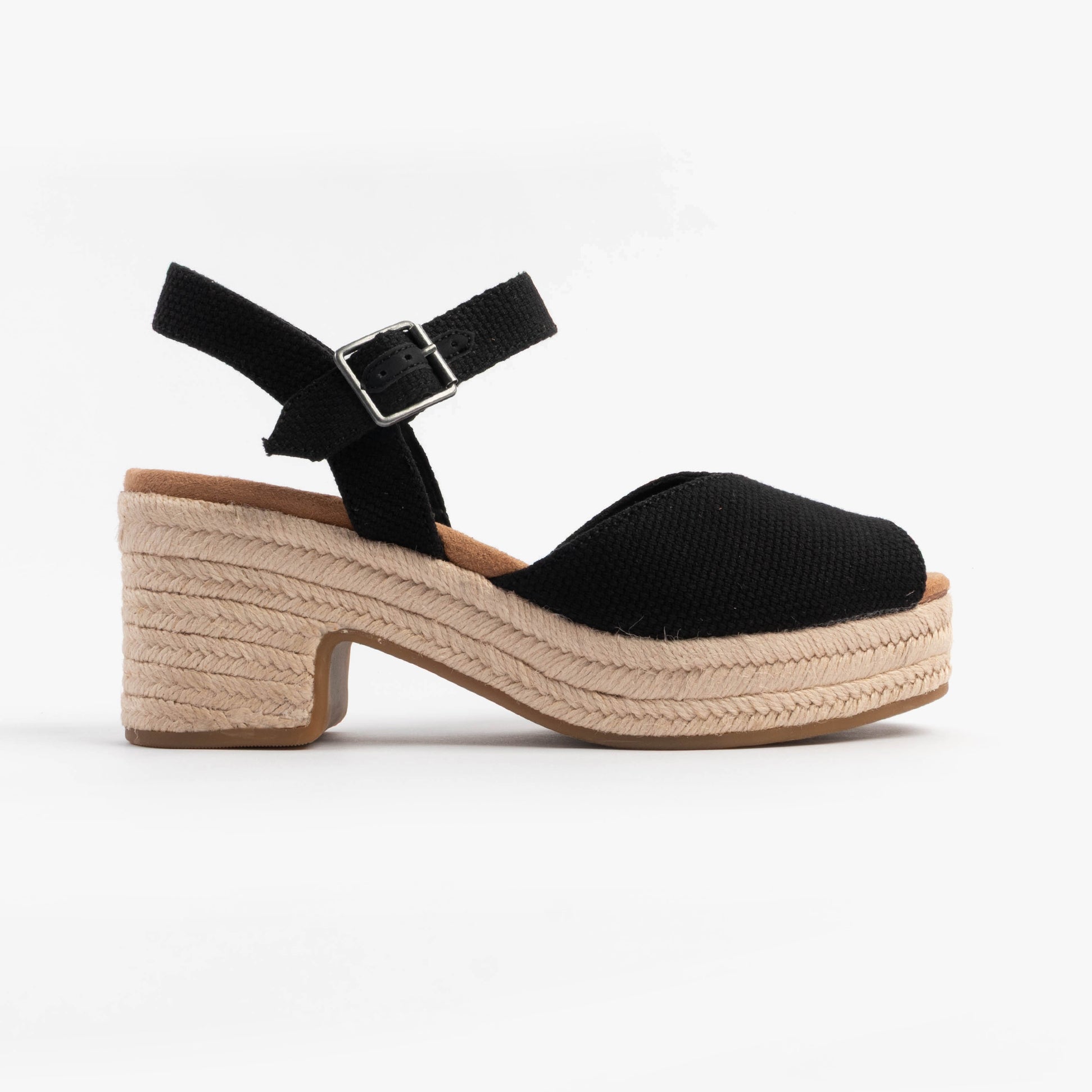 TOMS ISLA PEEP TOE Womens Sandals Black side view showcasing block heel and textile upper material.