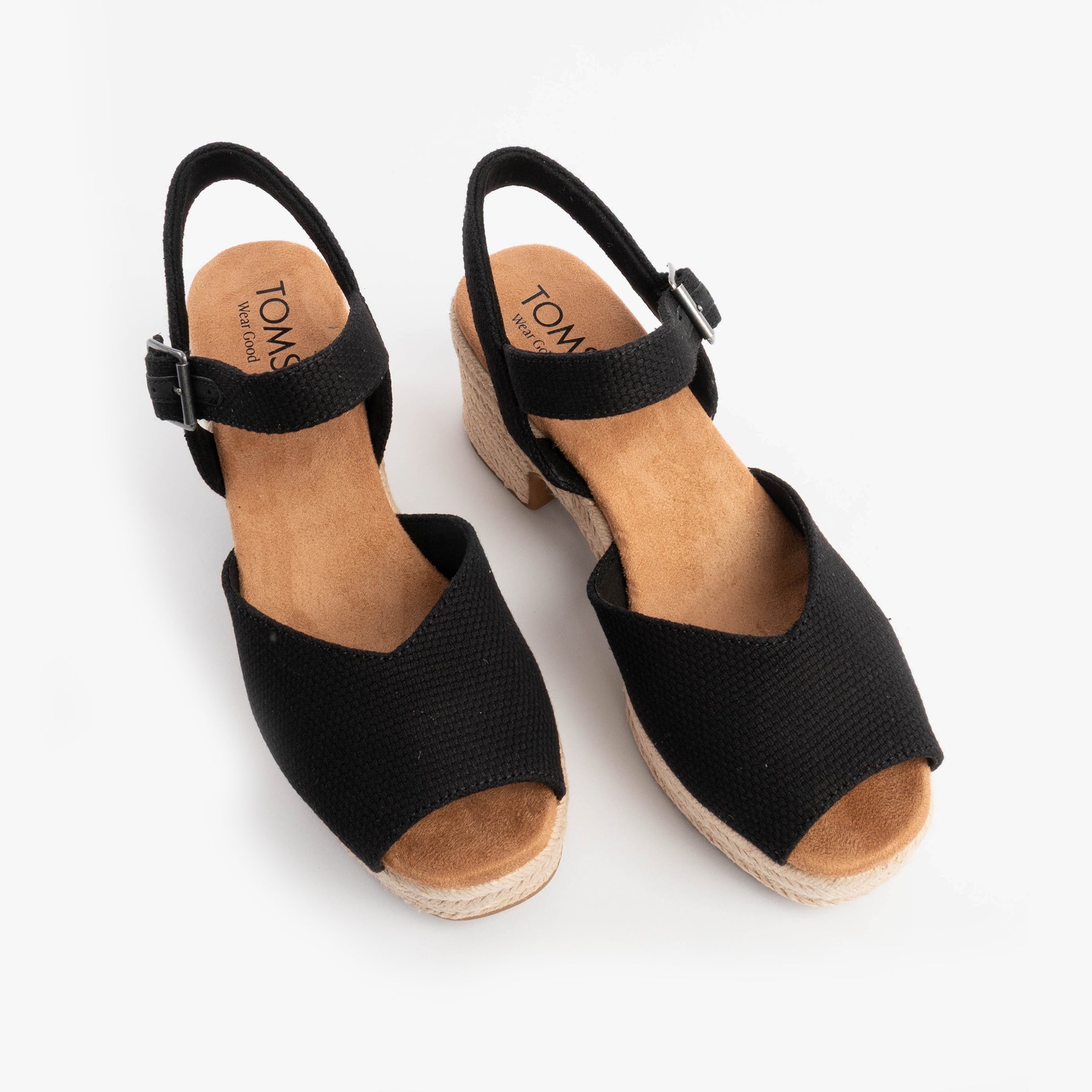 TOMS ISLA PEEP TOE Womens Sandals Black top view showing texture and details of the buckle closure.