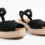 TOMS ISLA PEEP TOE Womens Sandals Black side view showcasing textile upper and block heel design.