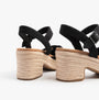 TOMS ISLA PEEP TOE Womens Sandals Black back view highlighting block heel detail.