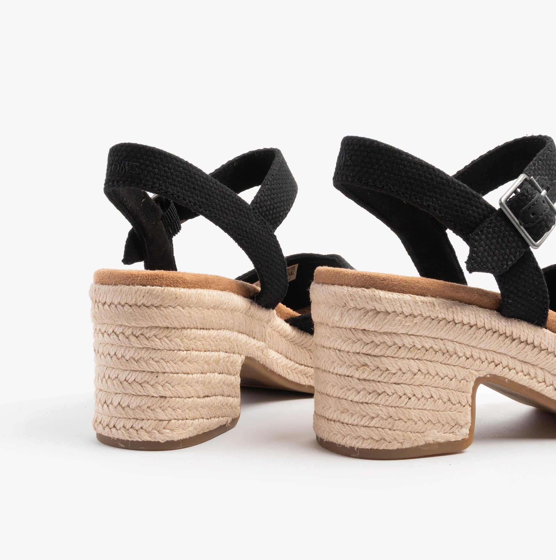 TOMS ISLA PEEP TOE Womens Sandals Black back view highlighting block heel detail.