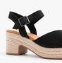 TOMS ISLA PEEP TOE Womens Sandals Black side view showcasing block heel and adjustable buckle.