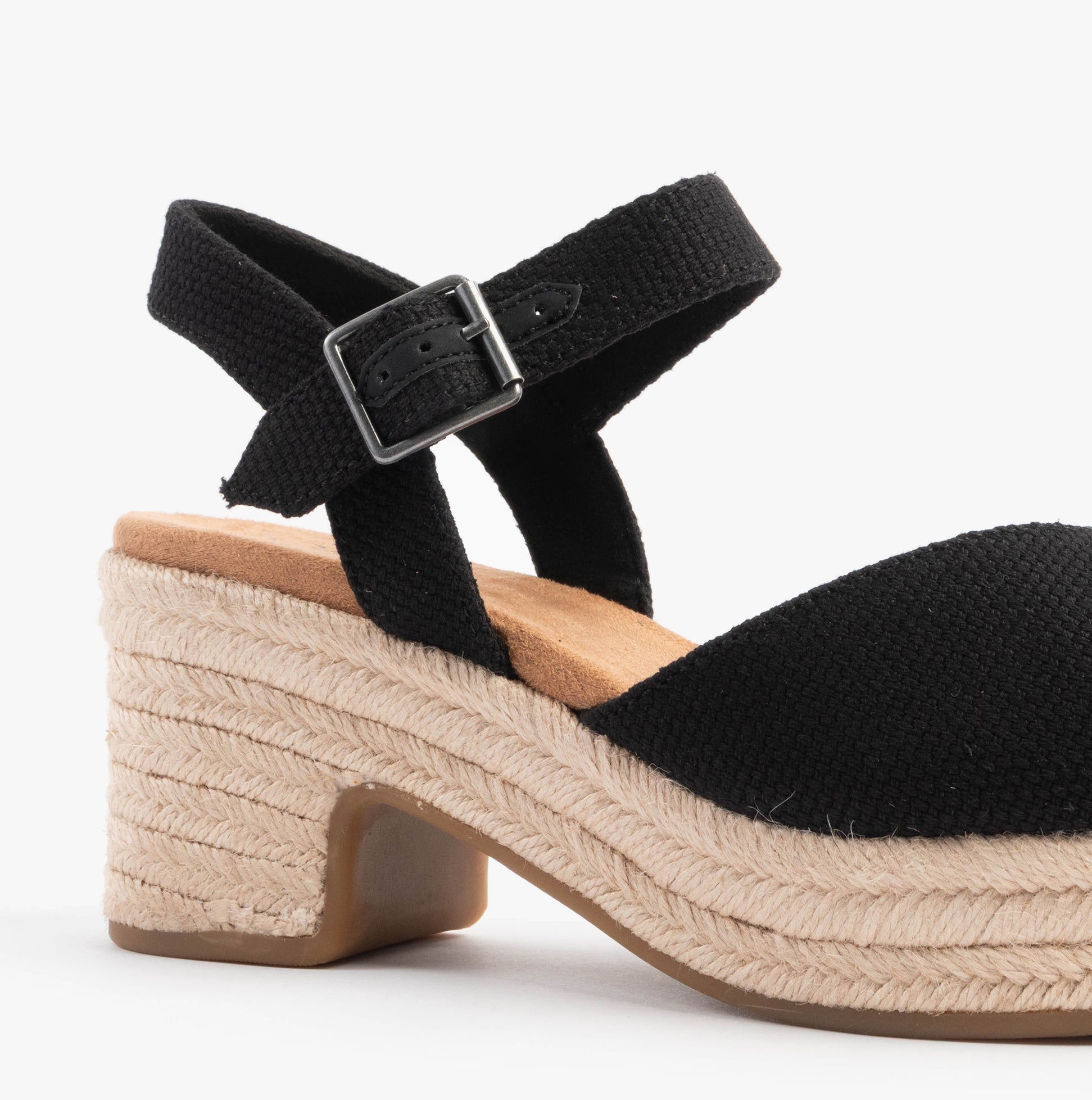 TOMS ISLA PEEP TOE Womens Sandals Black side view showcasing block heel and adjustable buckle.
