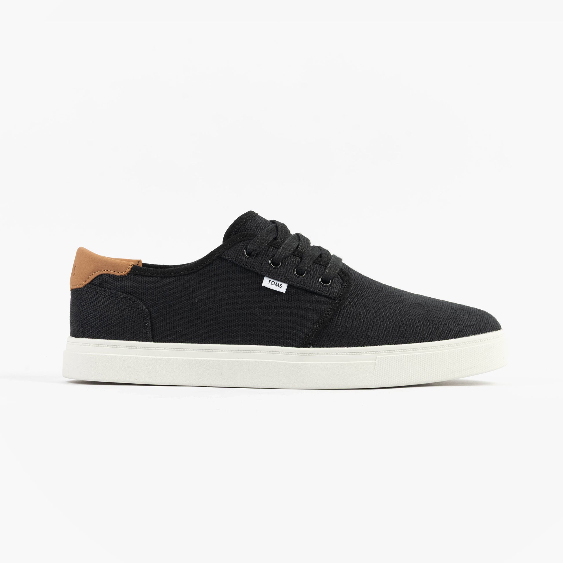 TOMS CARLO 2.0 Mens Trainers Black side view featuring black canvas upper and rubber sole.