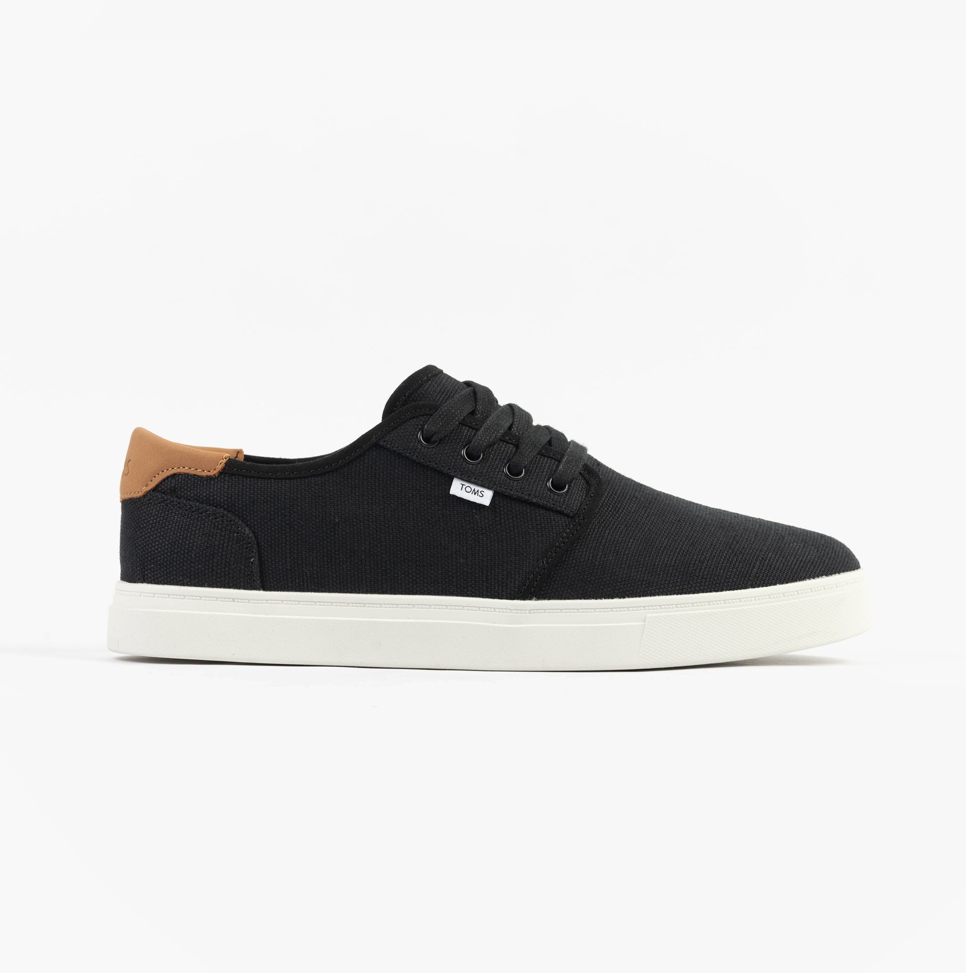 TOMS CARLO 2.0 Mens Trainers Black side view featuring black canvas upper and rubber sole.