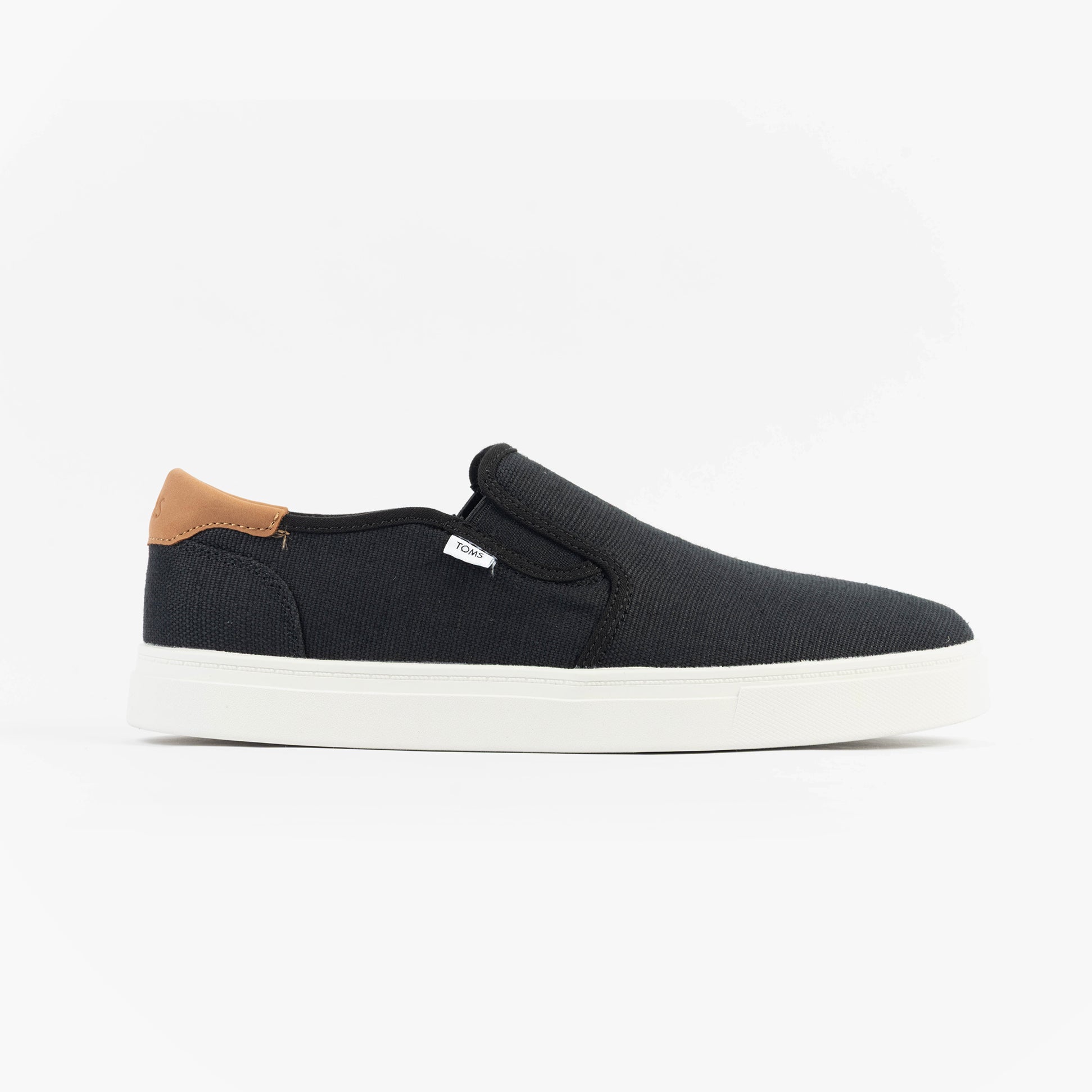 TOMS BAJA 2.0 Mens Casual Canvas Trainers Black side view showcasing slip-on style and comfortable design.