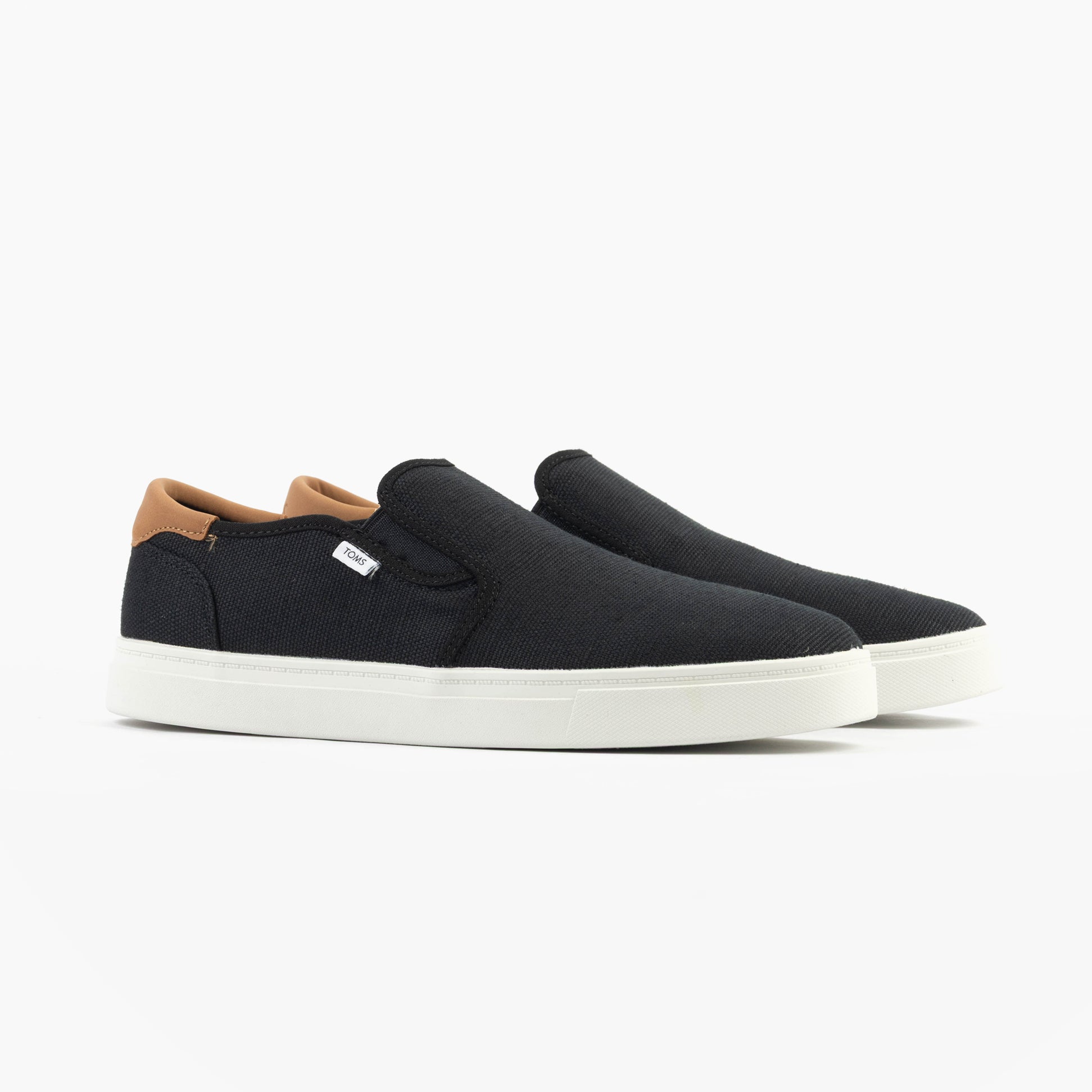 TOMS BAJA 2.0 Mens Casual Canvas Trainers Black side view with low top design and rubber sole.