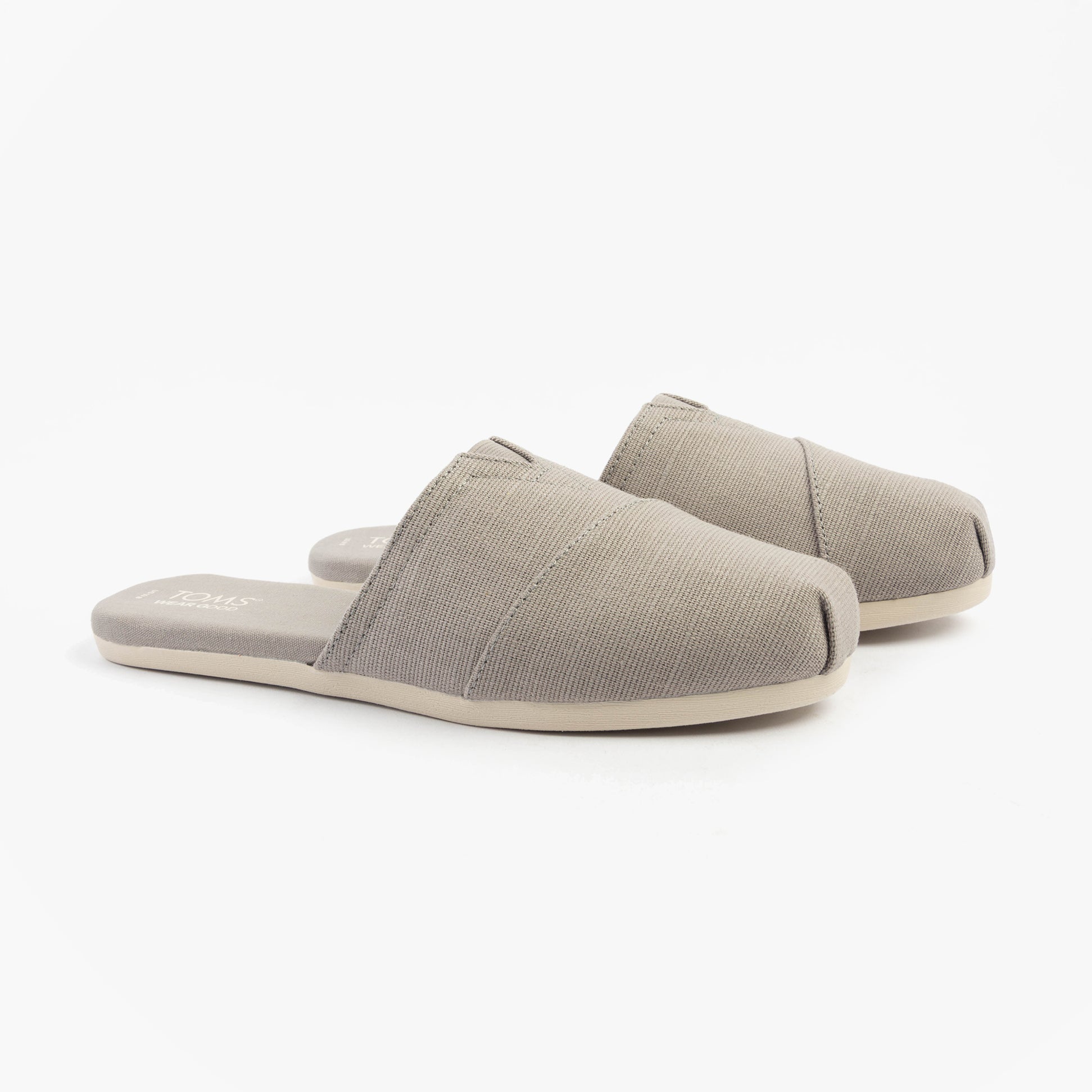 TOMS ALPARGATA MULE Womens Espadrille Grey side view of the lightweight slip-on shoes with a relaxed fit.