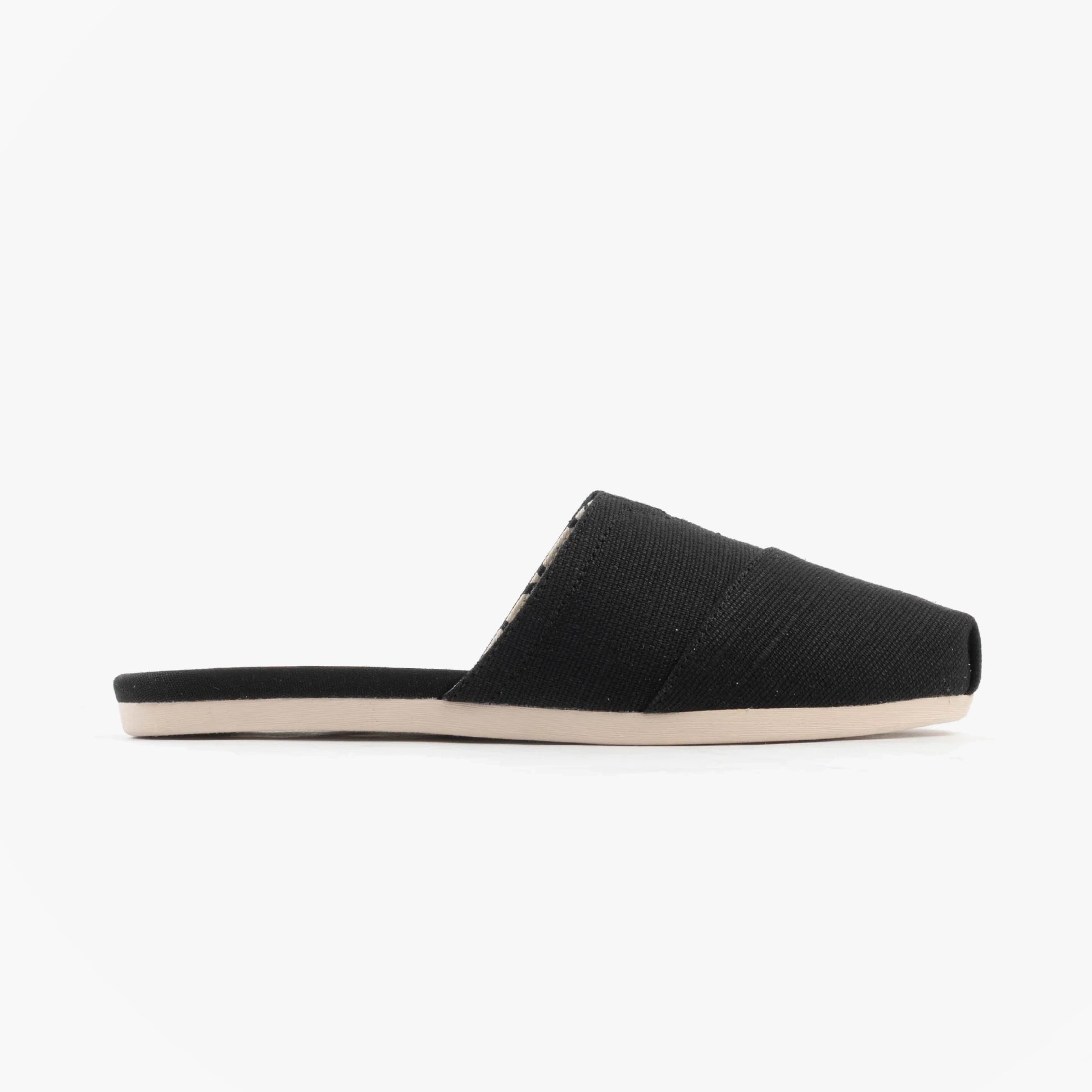 TOMS ALPARGATA MULE Womens Espadrille Black side view showing lightweight textile design and relaxed fit.