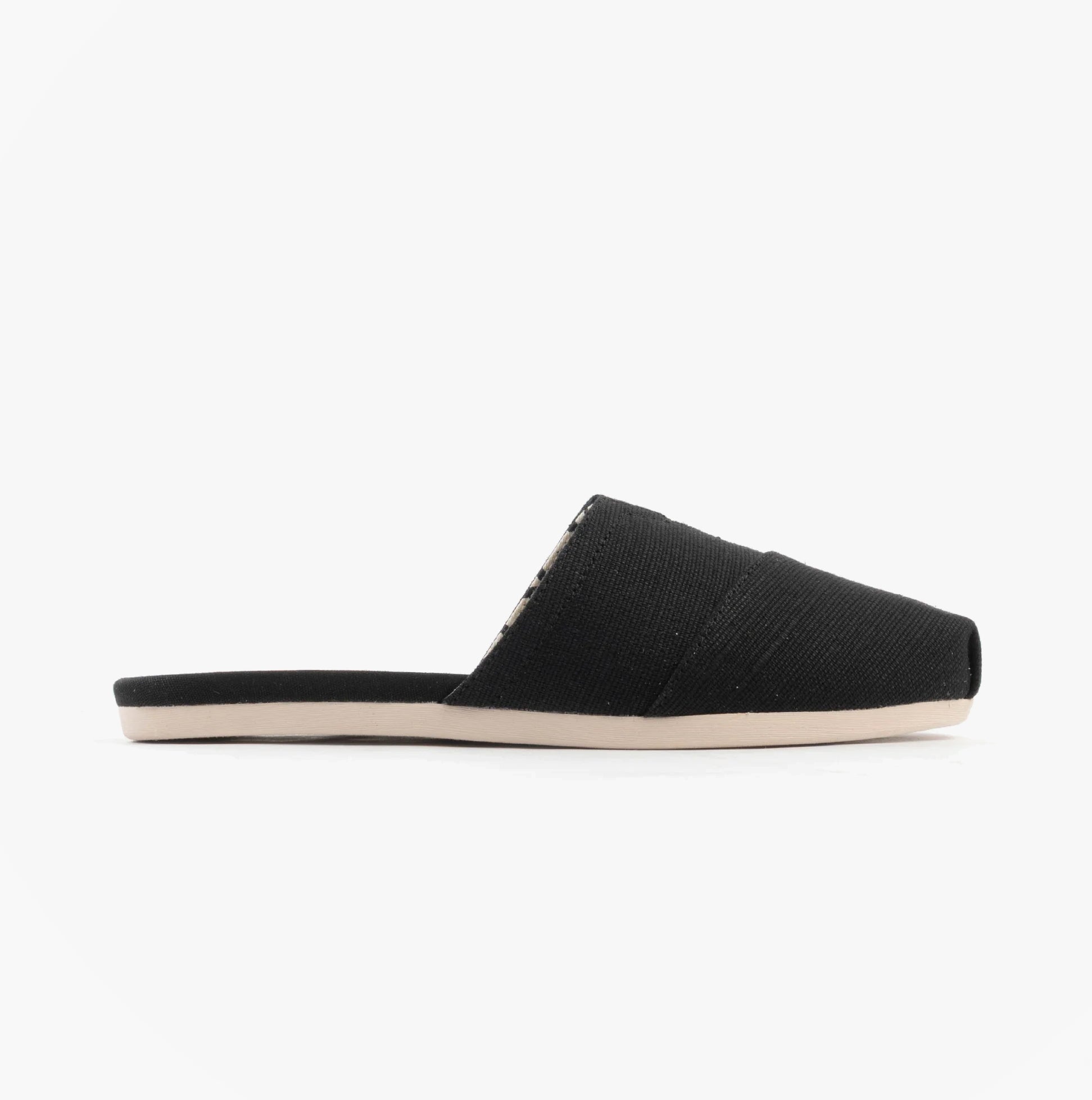TOMS ALPARGATA MULE Womens Espadrille Black side view showing lightweight textile design and relaxed fit.