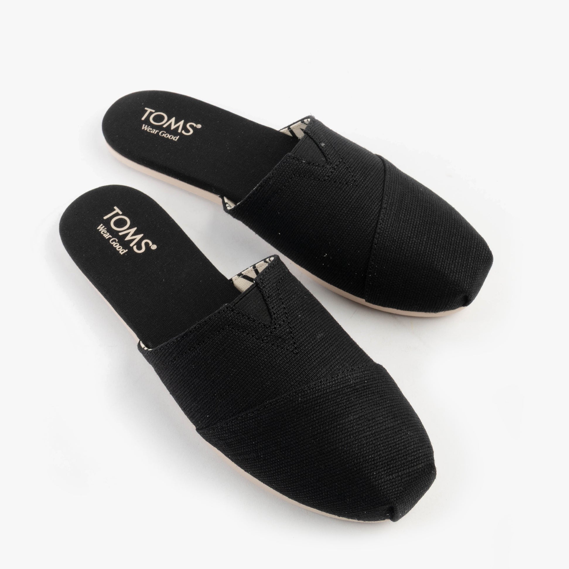TOMS ALPARGATA MULE Womens Espadrille Black top view, showing textile upper and slip-on design.