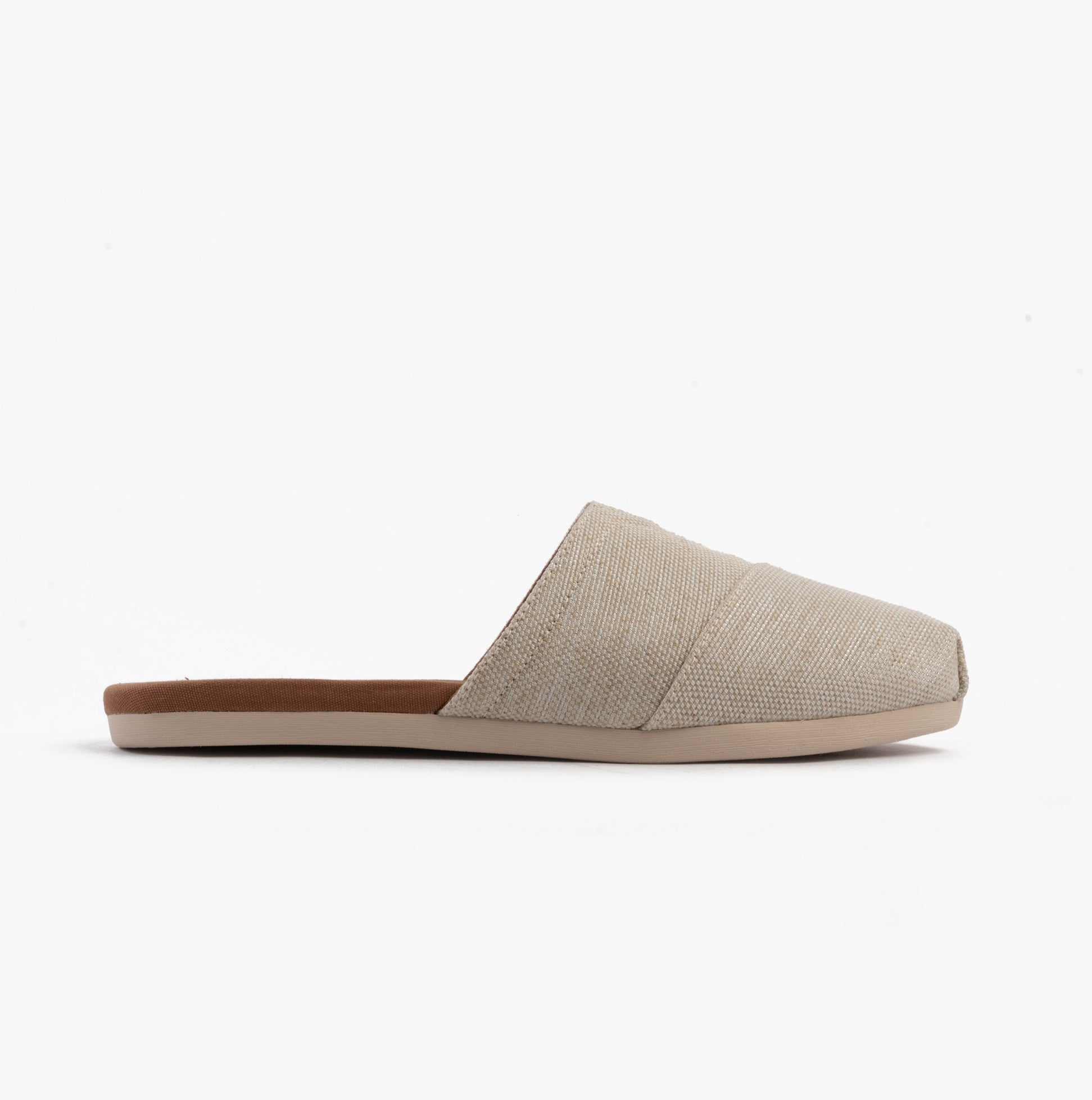 TOMS ALPARGATA MULE Womens Espadrille Natural side view, lightweight textile slip-on shoe in beige.