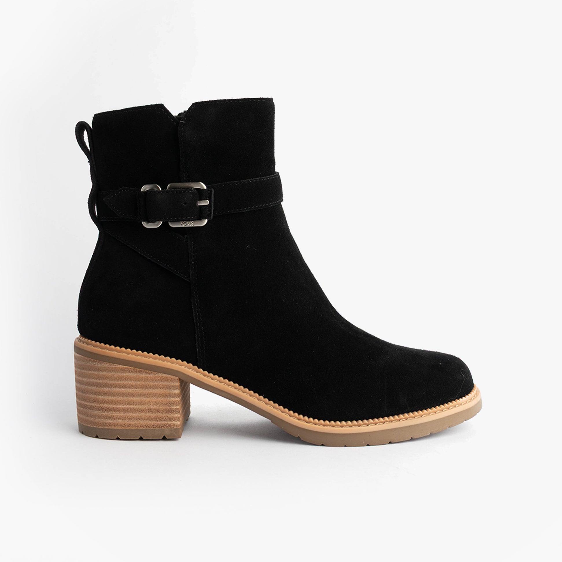 TOMS HAILEY BUCKLE Womens Ankle Boots Black side view showcasing the black synthetic upper and buckle detail