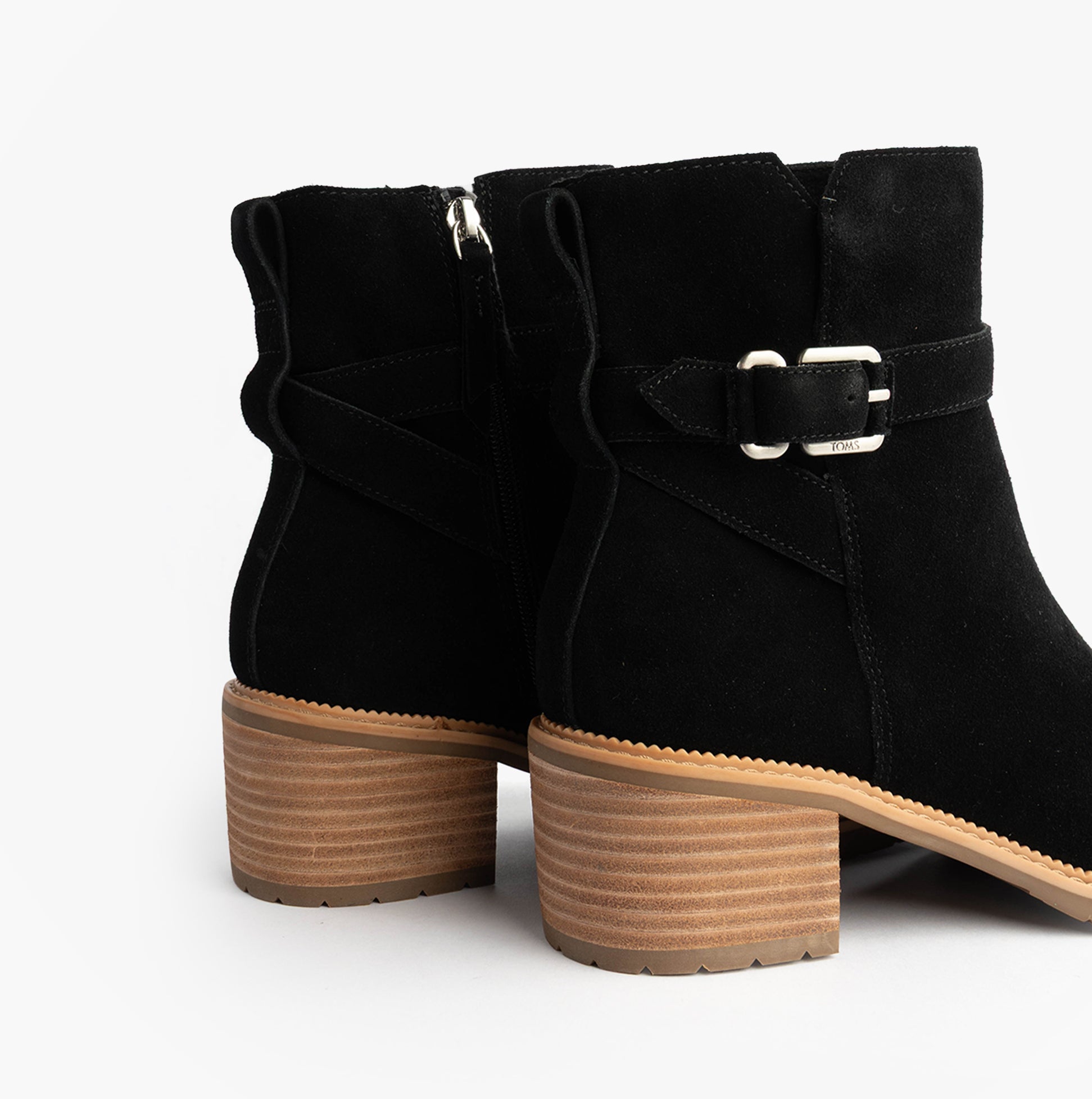 TOMS HAILEY BUCKLE Womens Ankle Boots Black side view showing buckle detail and heel.