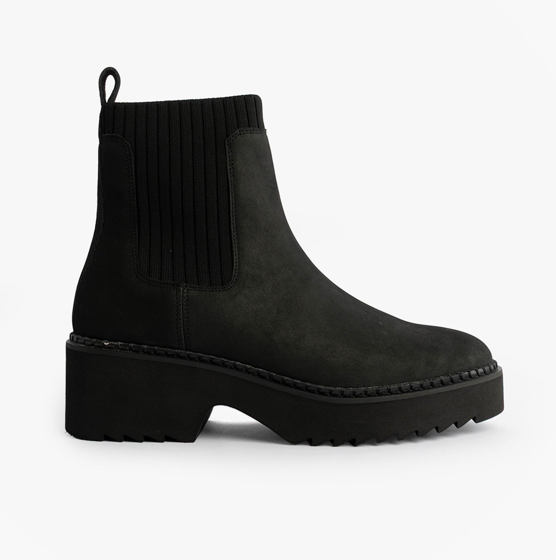 TOMS MILLIE Womens Ankle Boots Black side view featuring leather upper, rubber sole, and round toe shape.