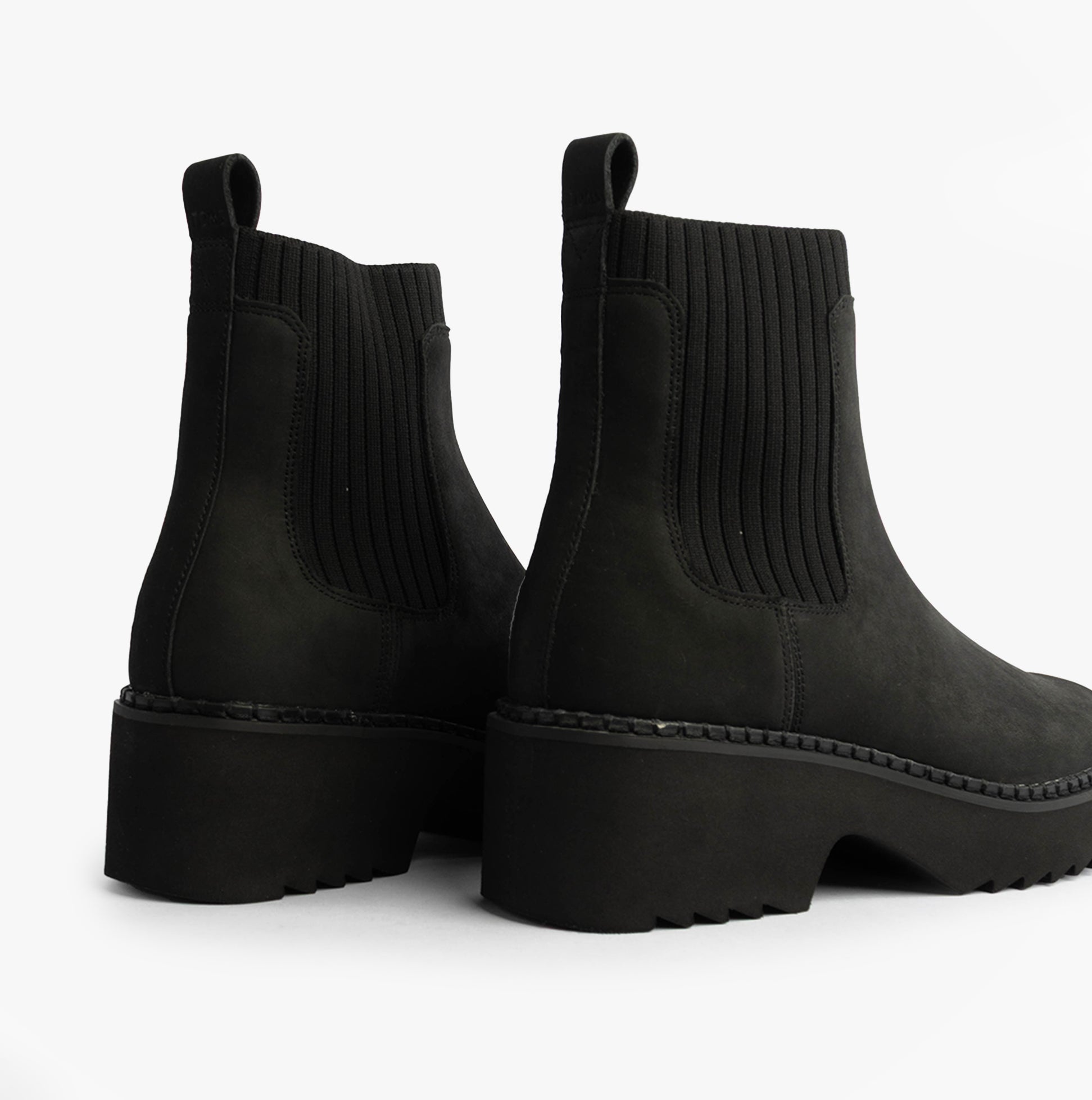 TOMS MILLIE Womens Ankle Boots Black, back view showing elastic panels and chunky sole.