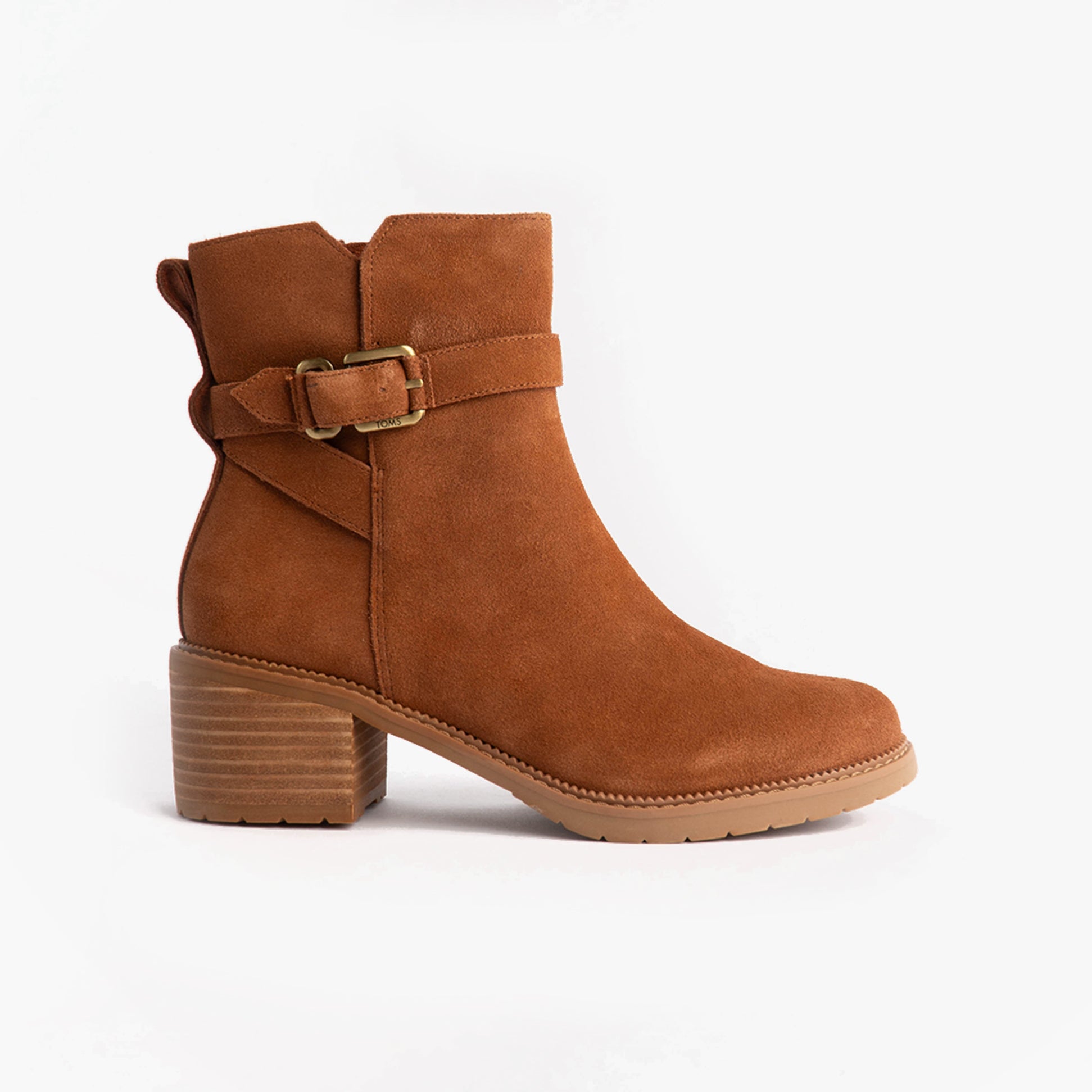 TOMS HAILEY BUCKLE Womens Ankle Boots Brown side view featuring buckle detail and block heel.